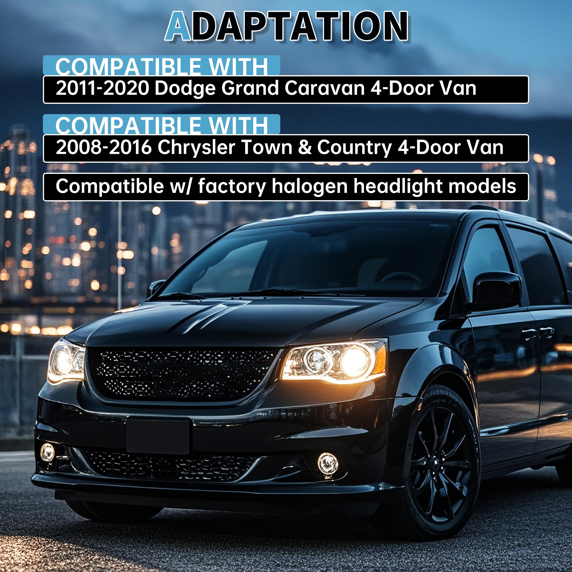 ECOTRIC Pair Headlights Compatible with 2011-2020 Dodge Grand Caravan 08-16 Chrysler Town & Country Black Housing Headlamps(Driver Passenger)