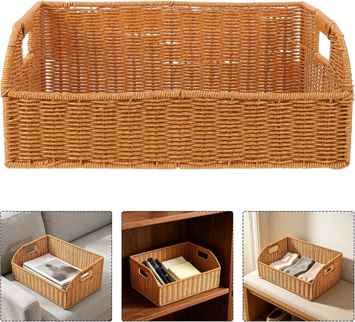 Baluue Woven Plastic Desktop Storage Basket with Handle, Imitation Rattan Magazine Organizer for Books and Papers, 42x27x19cm, Light Coffee Color, File and Document Storage for Office