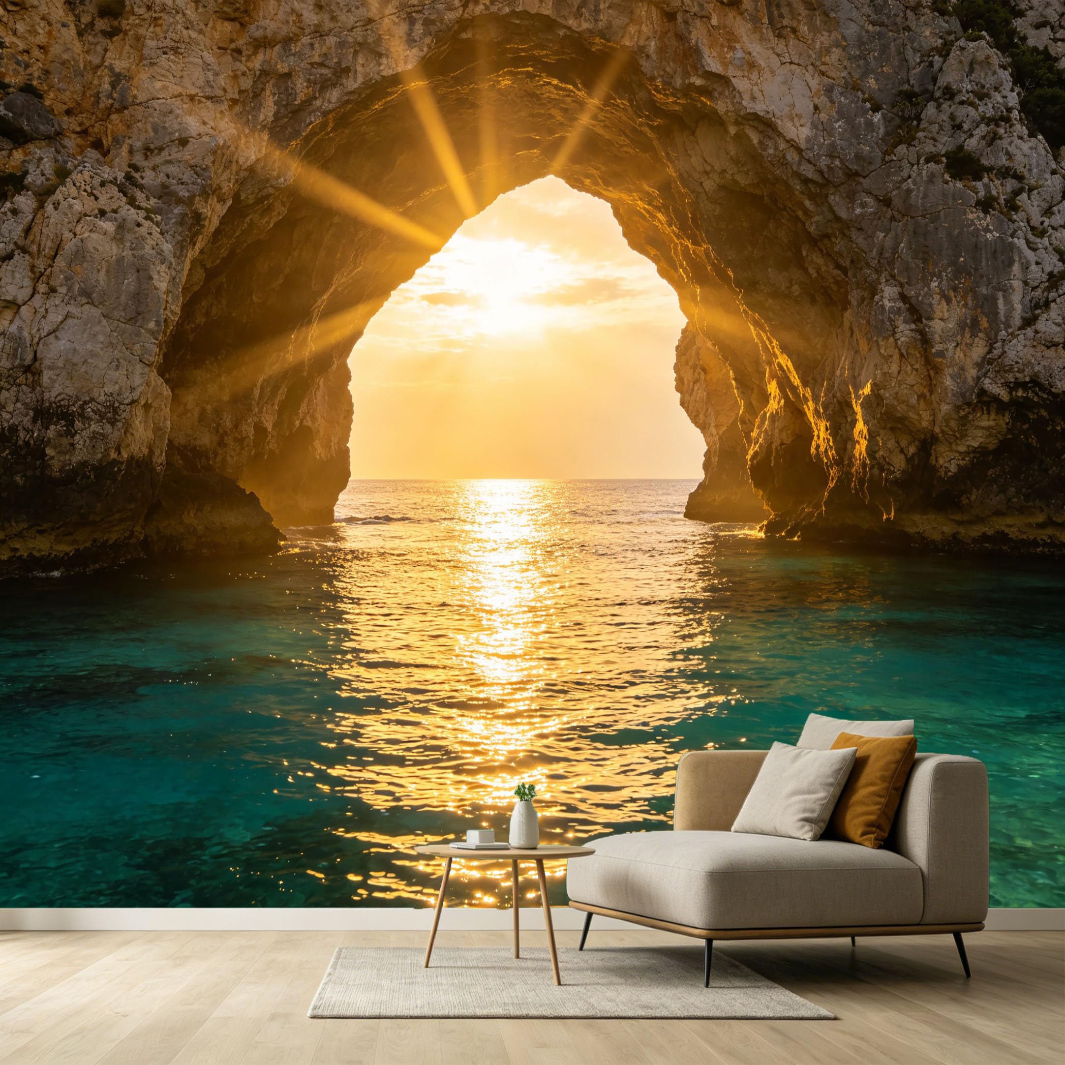 Custom Size Wall Murals Coastal Ocean Marine Landscape 3D Trompe L'Oeil Sun Rays Rock Arch SelfAdhesive Wall Fabric Removable Large Wallpaper for Photo Living Room