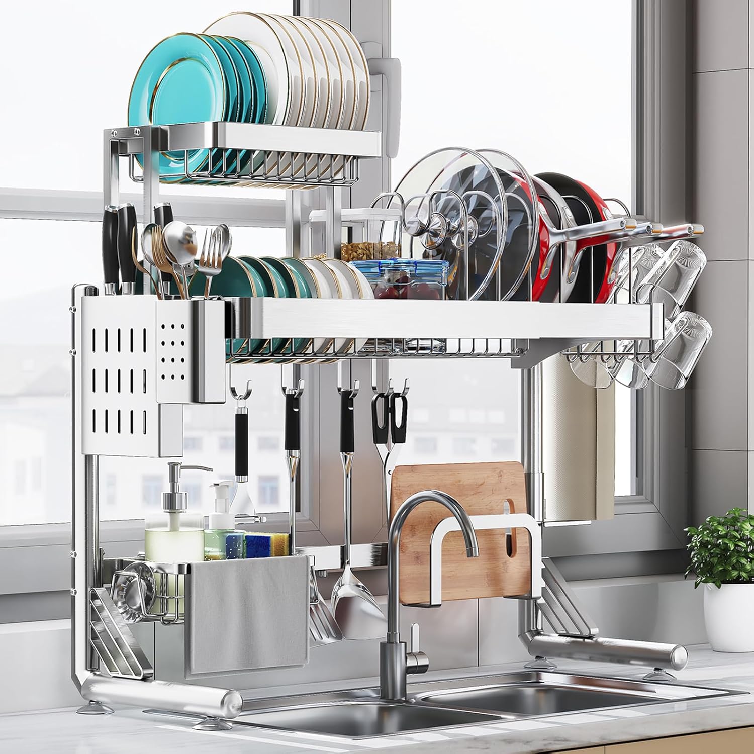 Over Sink Dish Drying Rack, Upgrade 2.5-Tier 304 Stainless Steel Dish Rack Adjustable Length with Pots and Pans Rack, Modern Over The Sink Dish Drainer Rack for Kitchen Storage Counter Organizer 2.5 Tier