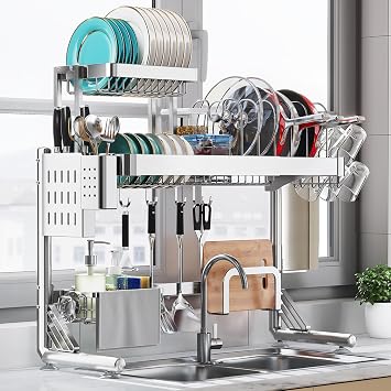 Over Sink Dish Drying Rack, Upgrade 2.5-Tier 304 Stainless Steel Dish Rack Adjustable Length with Pots and Pans Rack, Modern Over The Sink Dish Drainer Rack for Kitchen Storage Counter Organizer