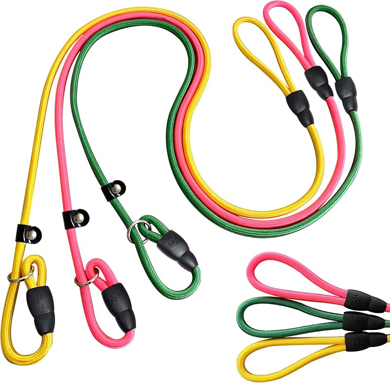 Guia Básica Ajustável para Cães FOVRLZSE em Nylon com Fivela TPU Antiderrapante, Amarelo/Rosa/Verde, Pacote com 3