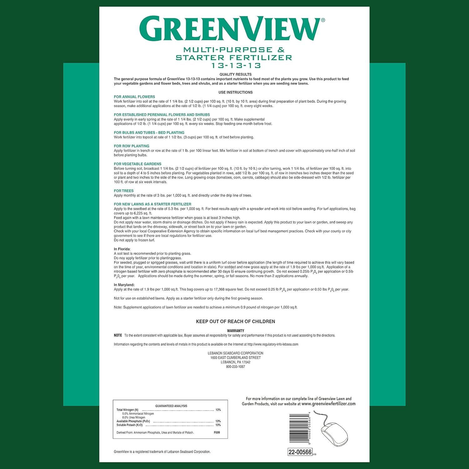 GreenView Multi-Purpose Fertilizer - 33 lb. Bag - NPK 13-13-13