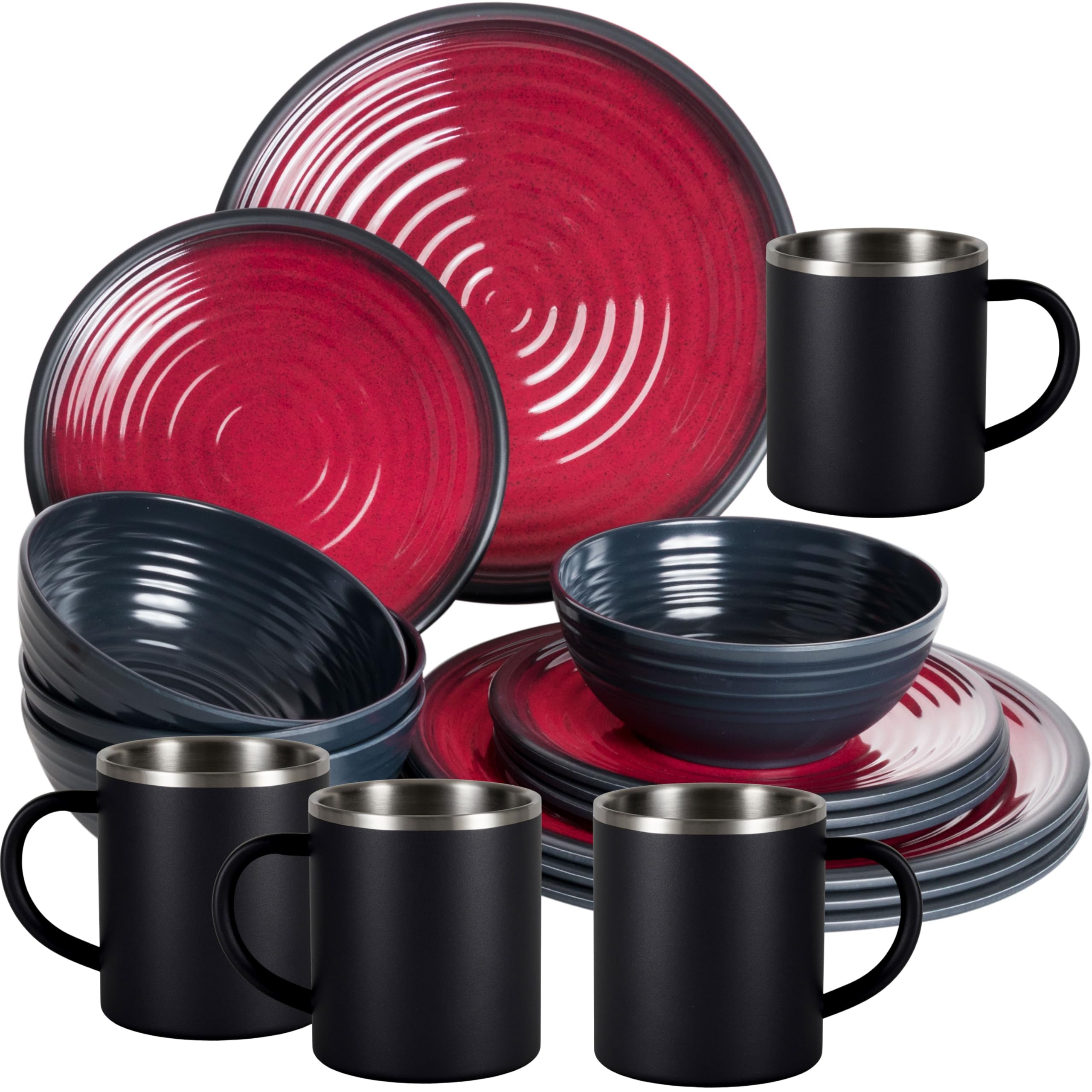 Melamin Geschirr Set Rot Schwarz Edelstahl Thermo Tassen Tonoptik Camping