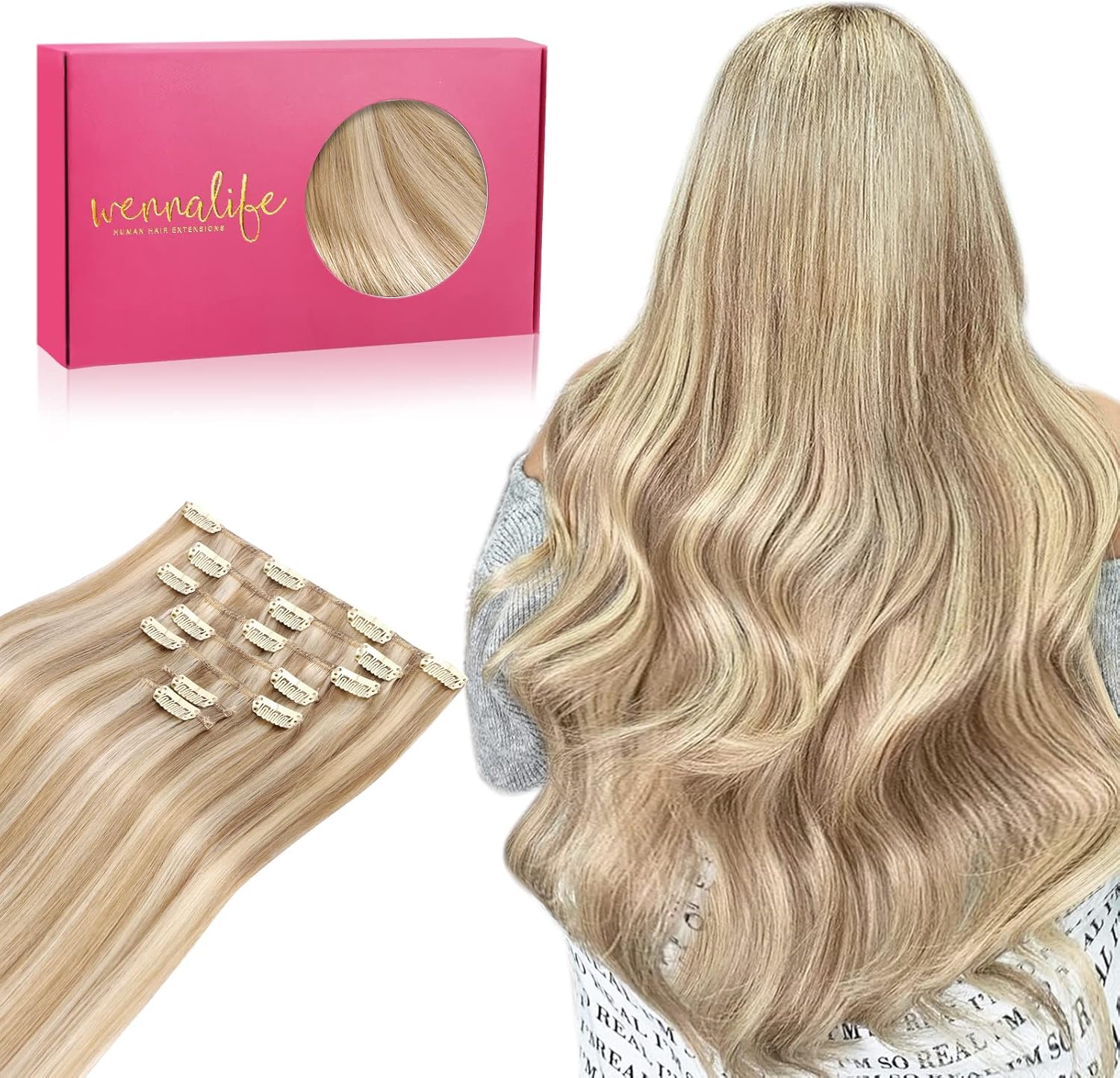 WENNALIFE Clip in Hair Extensions Human Hair 20 Inch 120g 7pcs Dirty