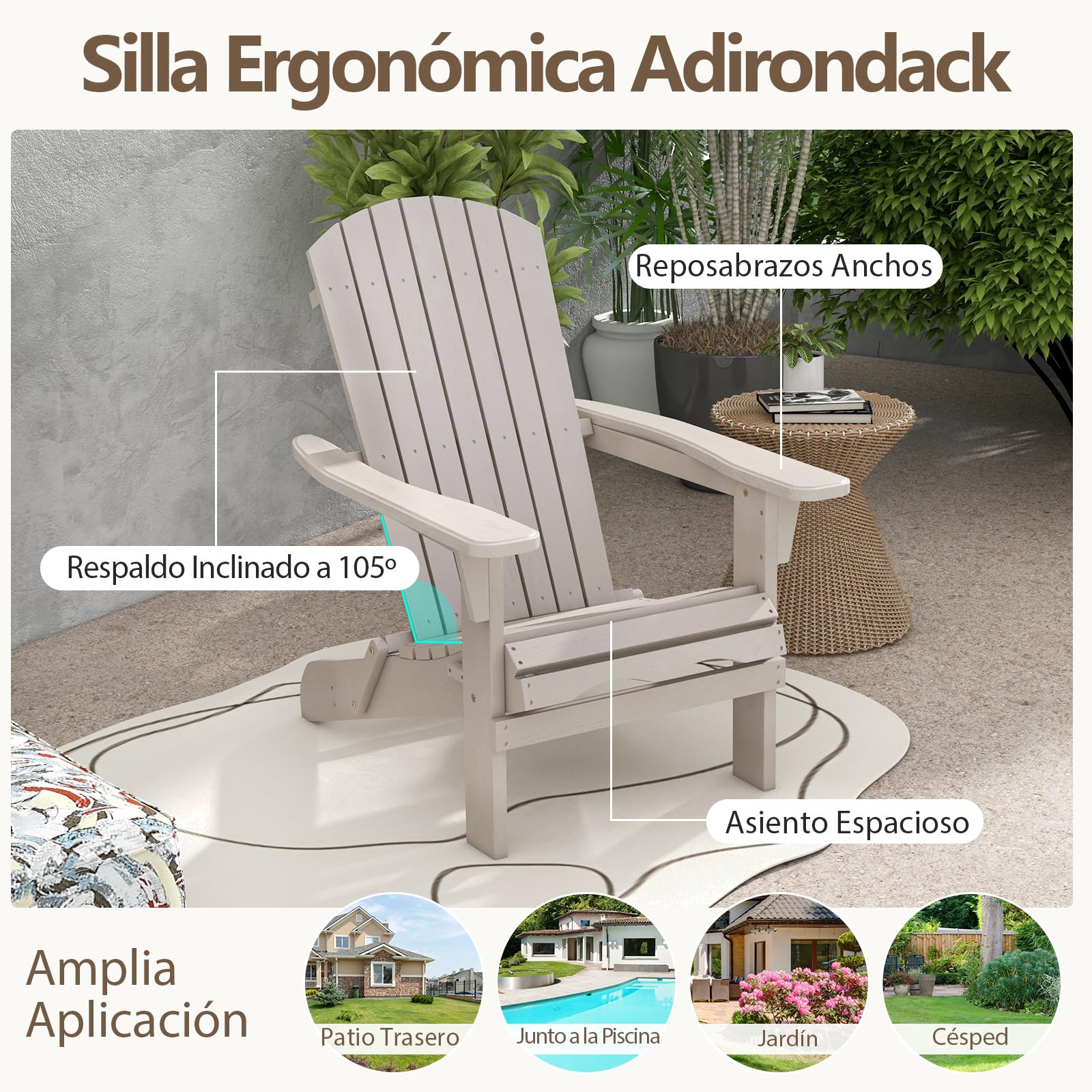 COSTWAY 1/2 Sillas de Jardin Adirondack Plegable, Silla Tumbona Madera Abeto, Respaldo Alto y Reposabrazos Anchos, Sillón Adirondack Jardin Terraza Balcon, 89 x 71 x 94 cm, Max180kg (2, Gris, m)