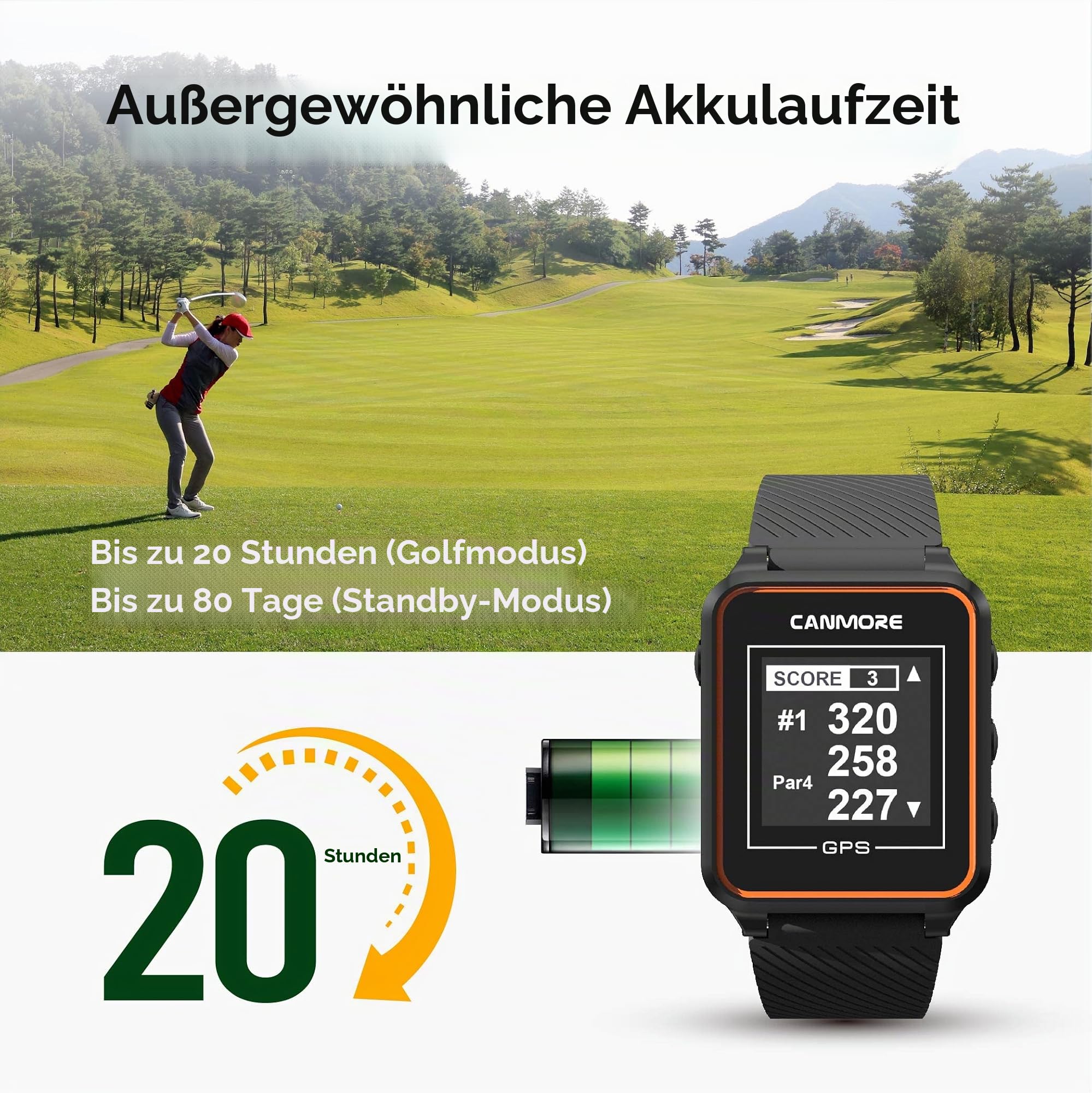 CANMORE TW356 Golf-GPS-Uhr für Damen und Herren, kostenloses Update, großes LCD-Display, Upgrade-IC-Chip, leichtes Zubehör, Schwarz