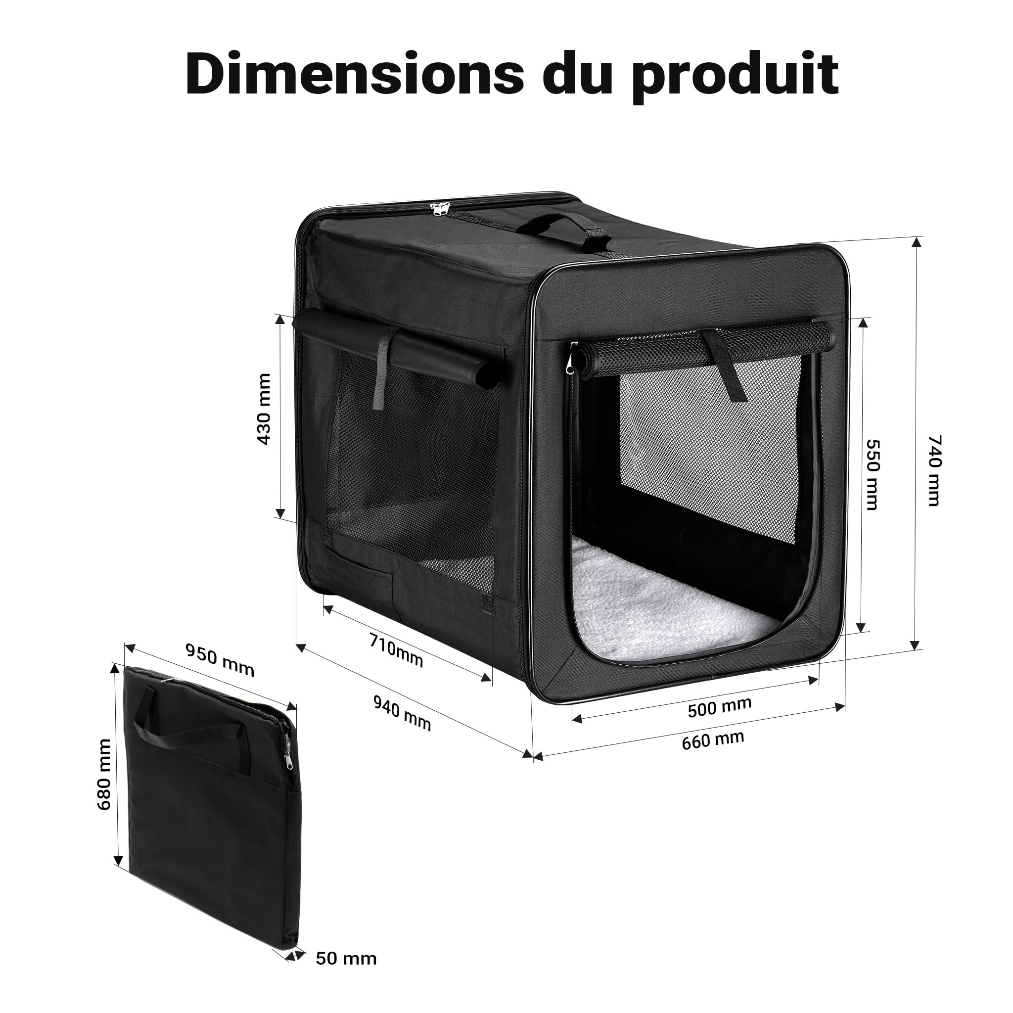 Wiltec Caisse de Transport Noire Pliable pour Chiens Chats Animaux domestiques - Taille XL / 94 x 66 x 74 cm/Charge Max. 20 kg - avec Coussin - boîte Voyages Canine féline