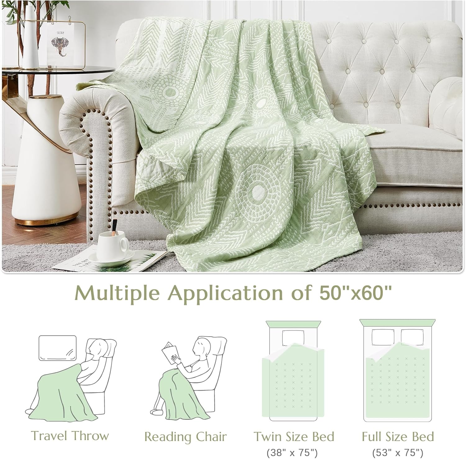 jinchan Boho 100% Cotton Muslin 50x60 Throw Blanket Lightweight 3-Layer Green Blanket Washable Reversible Breathable Decorative Geometric Striped Patterned Soft Cozy for Sofa Bed All Season Gift - Image 6