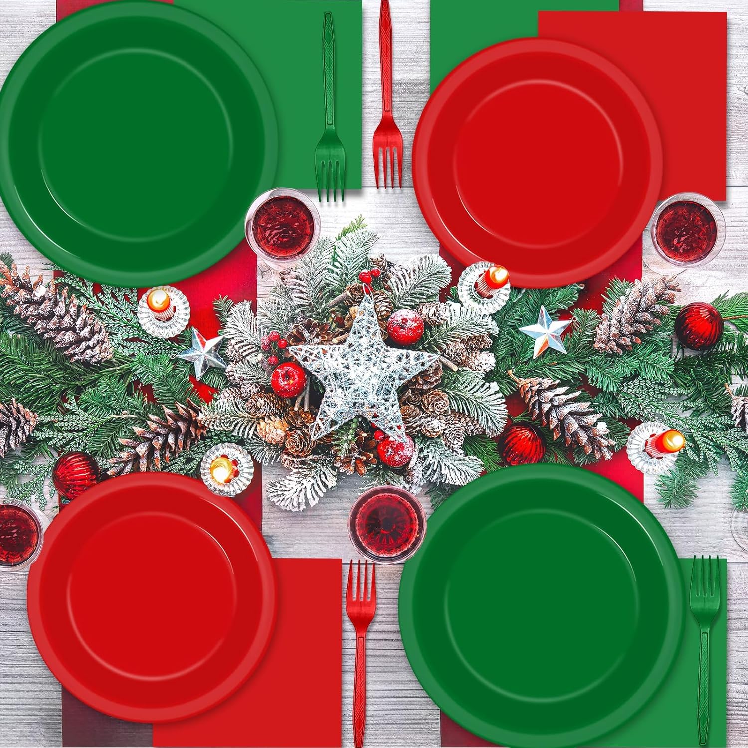 gisgfim 50 Guests Christmas Party Supplies Red and Green Plates and Napkins Plastic Forks Holiday Tableware Xmas Paper Plates for Christmas Party 200PCS - Image 6
