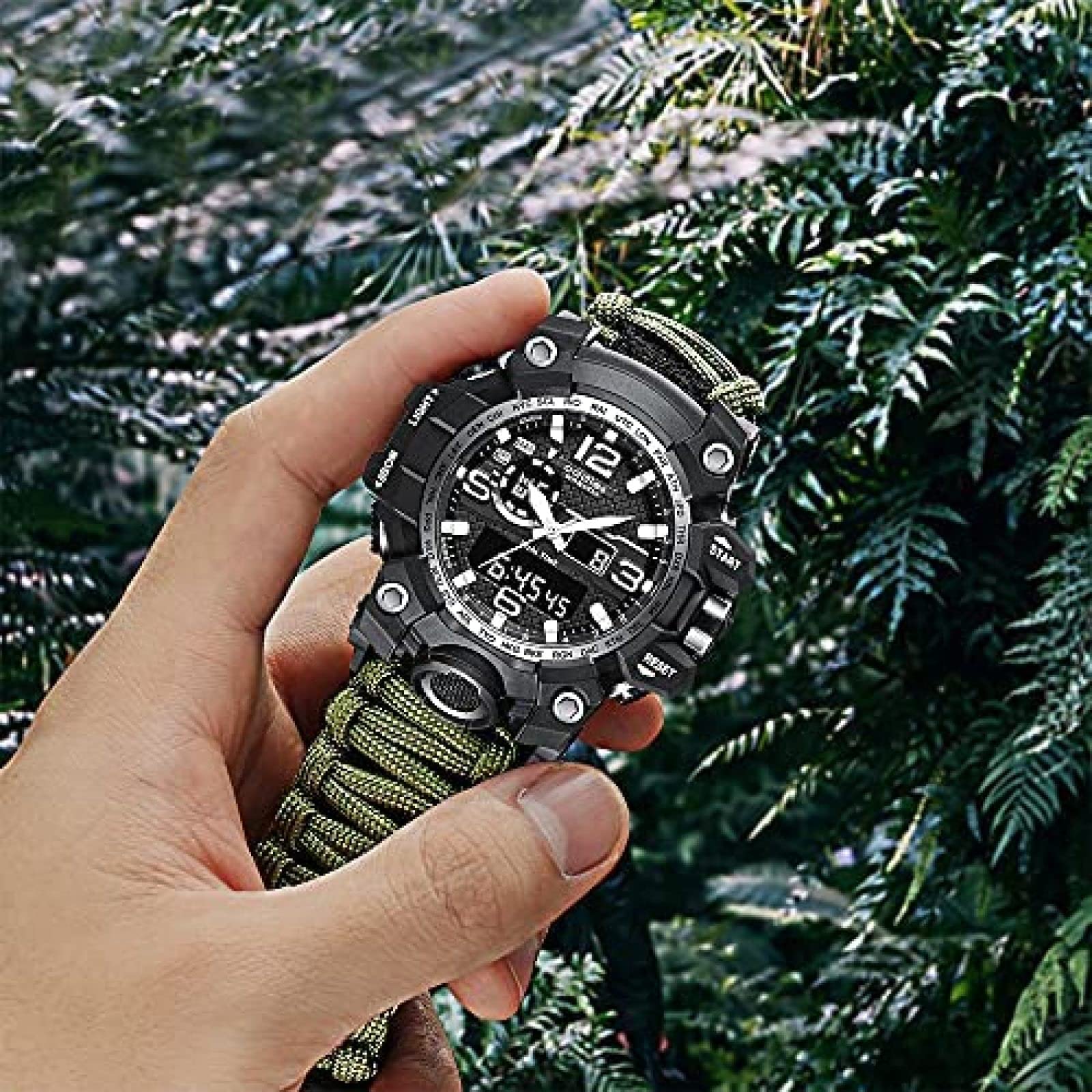 Reloj analógico Militar, Silbato al Aire Libre, brújula Luminosa Impermeable para Hombres, Reloj de Escalada con cordón de Paraguas multifunción, cronómetro por Hora con Pantalla Dual