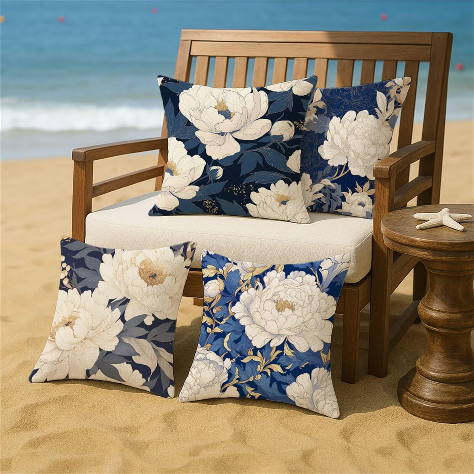 Kissenbezug 60x60 cm 4 Stück Marine Outdoor Kissen Wetterfest Samt Kissenhüllen mit Unsichtbarer Reißverschluss Blume Dekokissen für Terrassen Balkon Deko Gartenkissen Outdoor Sommer Geschenk z-963