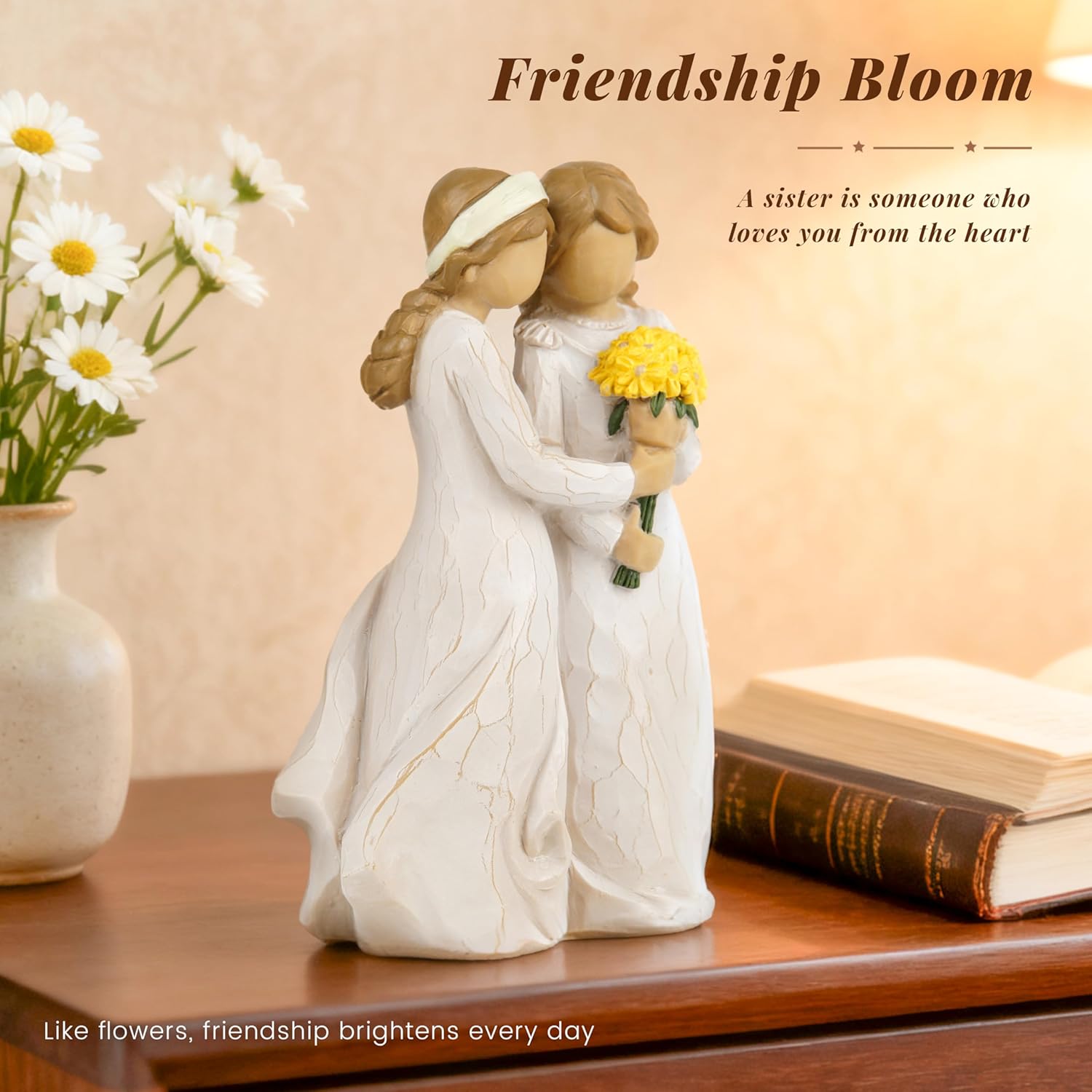 Sister Figurine Holding Flowers, Two Sisters Resin Statue for Display or Gifting - Image 2