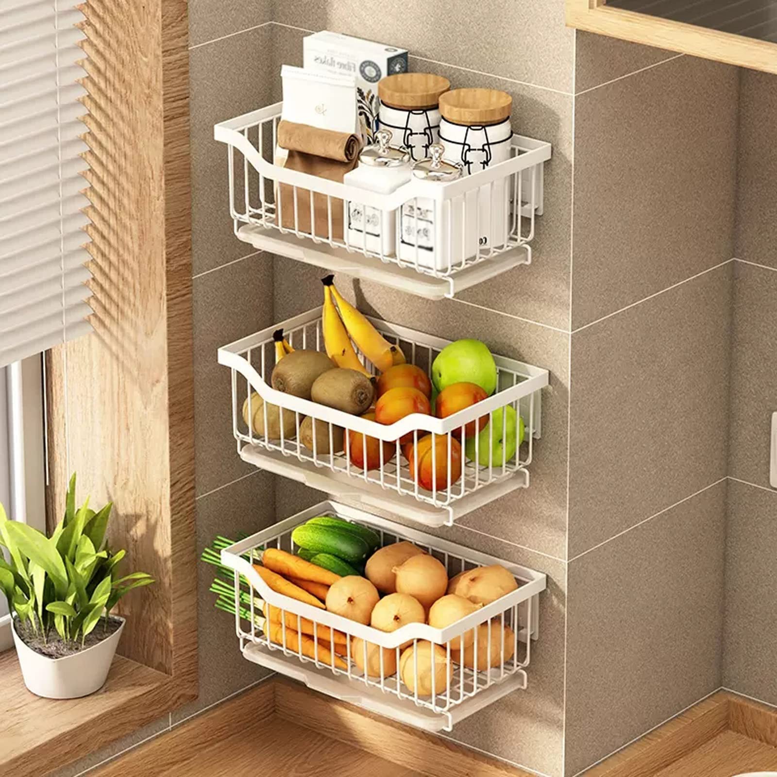 Wall Mounted Fruit And Vegetable Rack, Fruit Basket 3 Tier Countertop Metal Fruit Rack And Vegetable Stand Keeps Fruit And Vegetable Fresh, Metal Wire Storage Baskets, Black/white fruit and vegetable
