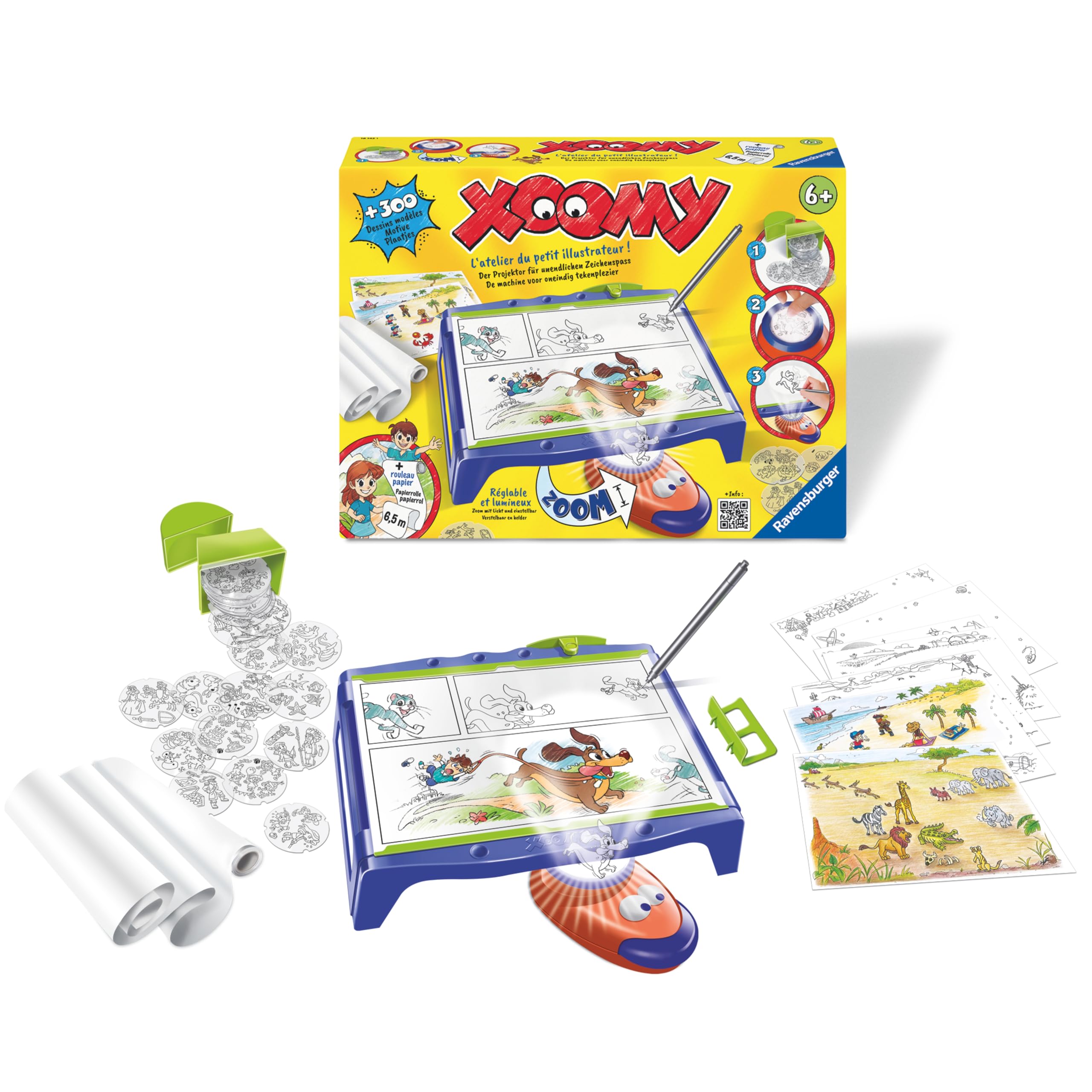 Ravensburger Xoomy Maxi – Table à Dessin pour Enfant avec projecteur LED – Apprendre à Dessiner – Rouleau de Papier 6,5 m – 300 modèles – Activité créative dès 6 Ans – Version française