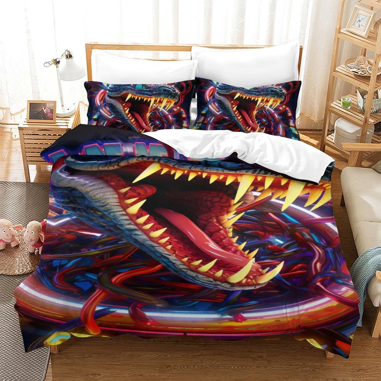 Housse de couette serpent 140x200 cm avec 2 taies d'oreiller pour lit enfant et ado