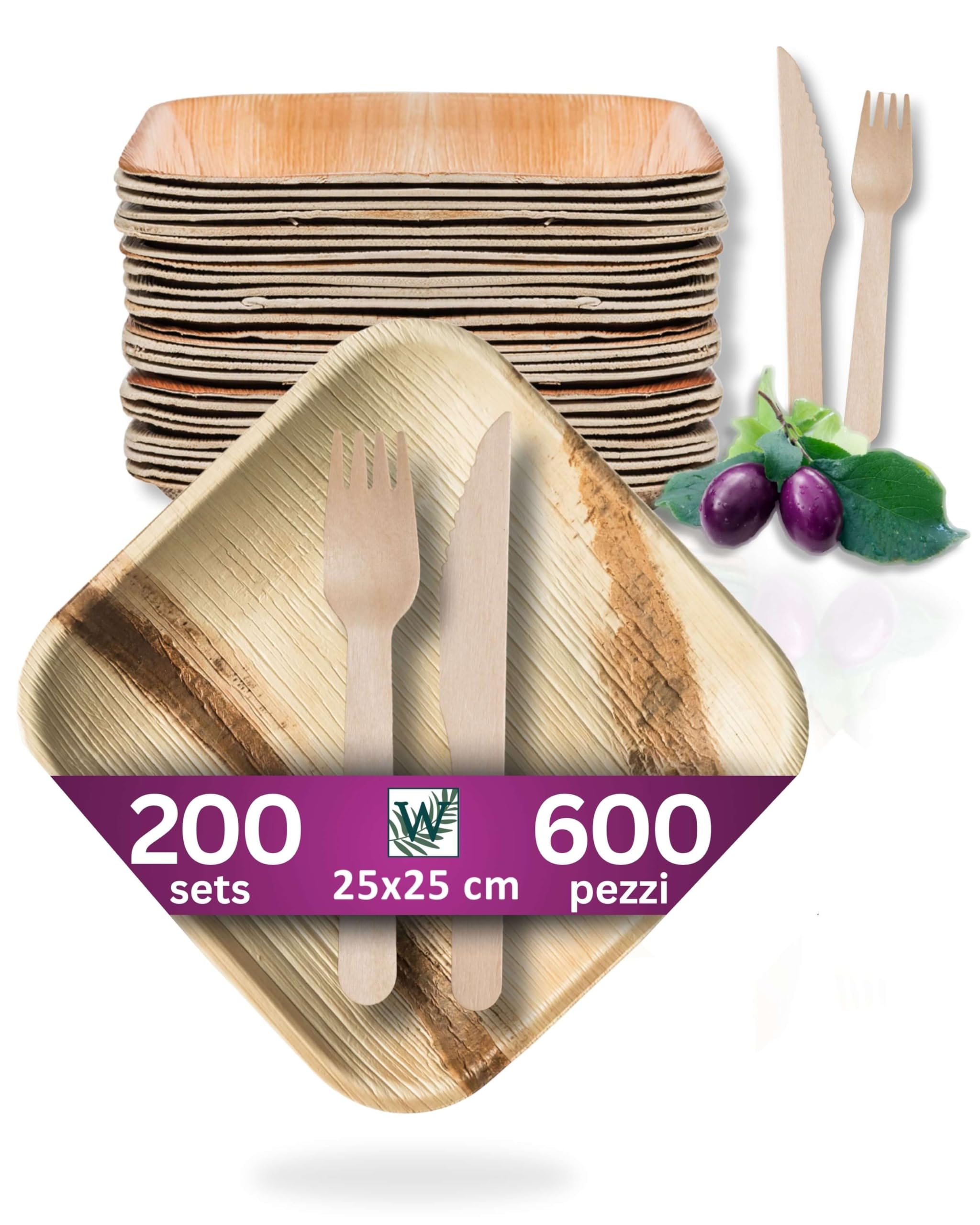 Set Piatti in Foglia di Palma e Posate in Legno - 200 Pz Quadrati 25x25 cm con Coltelli e Forchette - Stoviglie Monouso Biodegradabili - Eleganti e Compostabili - Simile al Bambu