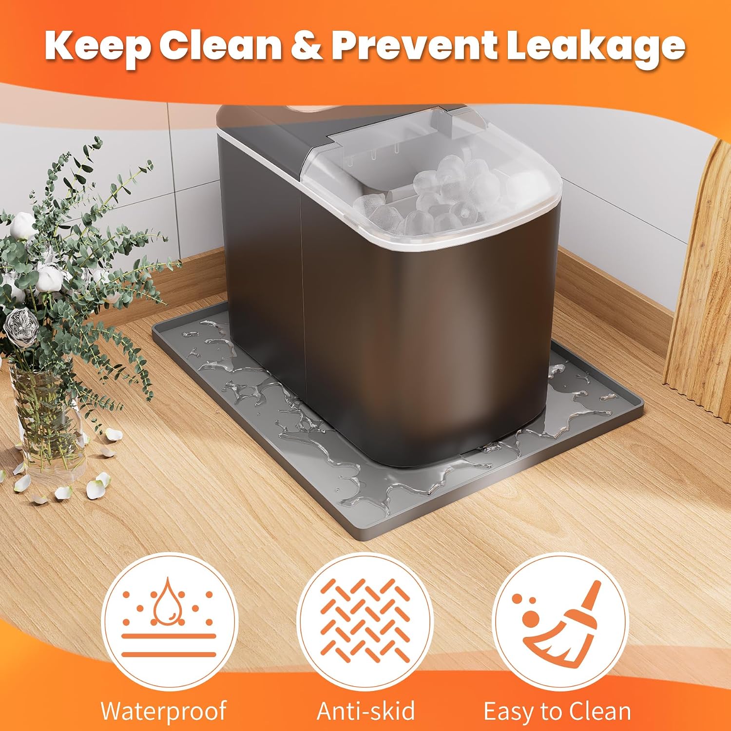 GCGOODS Ice Makers Countertop Mat, 12 x 10 inch Mat for Ice Maker Machine, Portable Silicone Mat with Raised Edge Prevent Liquid Spillage, Ice Maker Accessories Non- Slip Mat, Grey