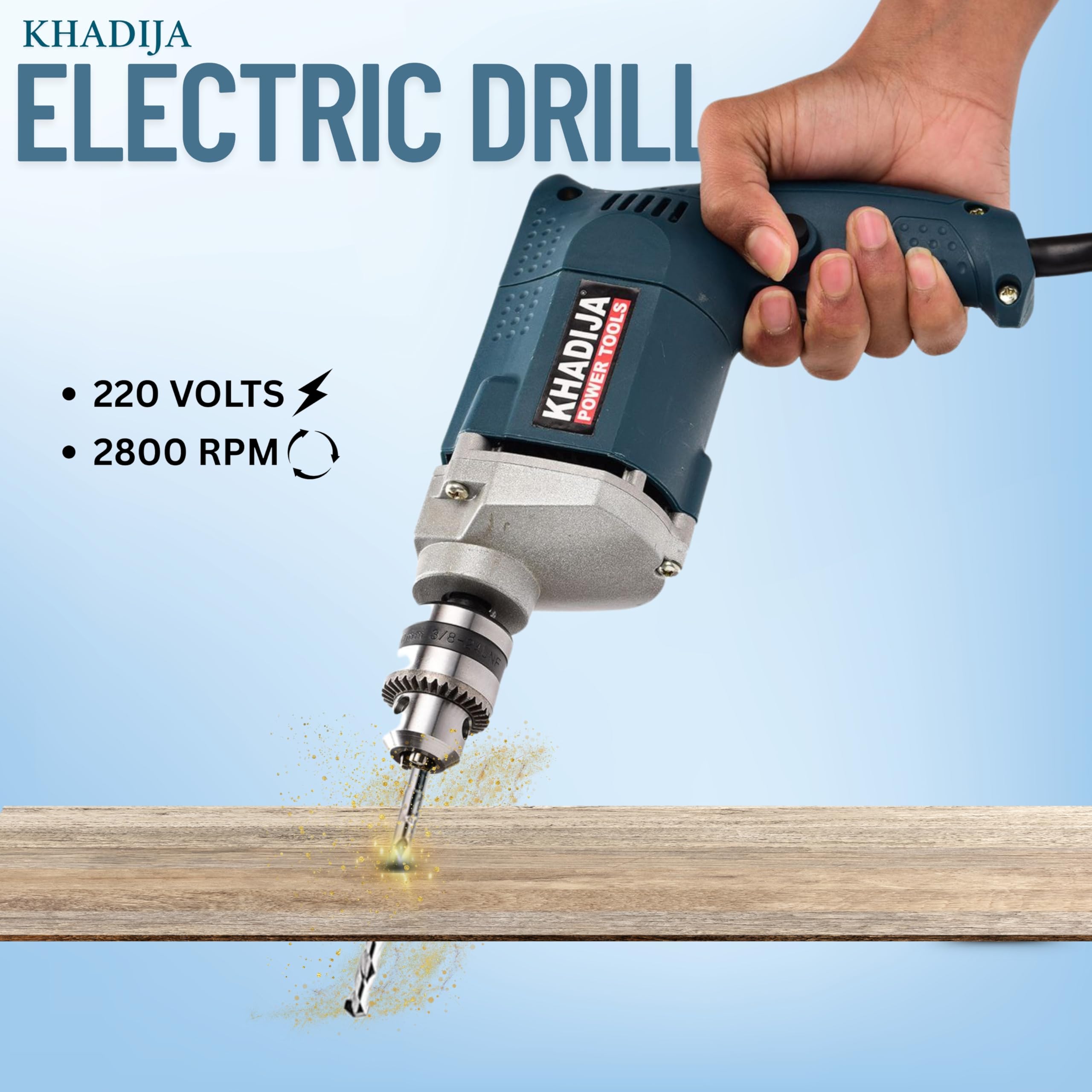 KHADIJA Drill Machine 10mm With Free 13Pcs HSS Drill Bits & 1Pc Masonary Bit Combo 6 Months Warranty (Blue) - Image 2 thumbnail