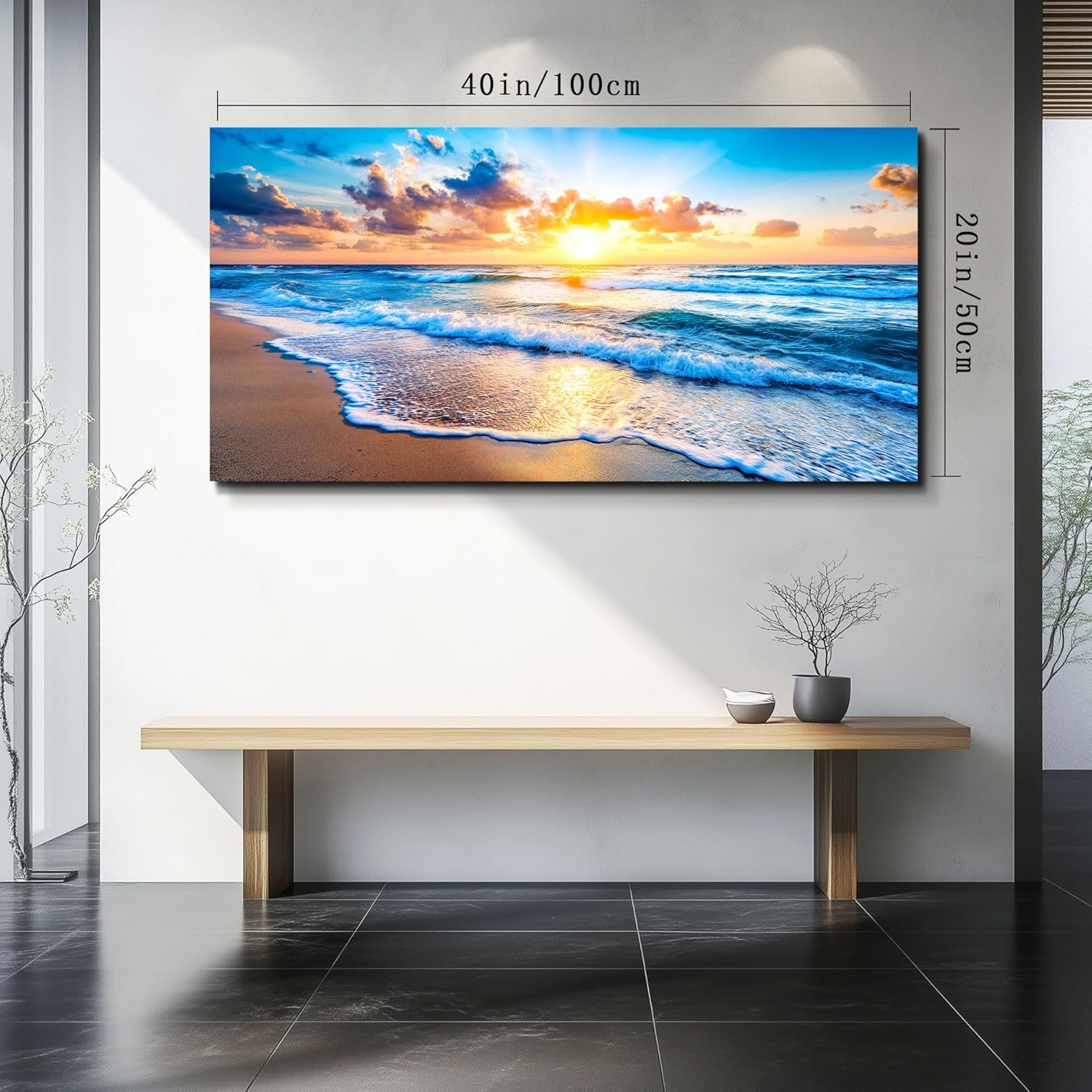 WLWBINTING Beach Sunset Wall Art,Blue Ocean Waves Paintings, Large Canvas Prints for Bathroom Living Room Bedroom Office Wall Decor, Coastal Nature Landscape Pictures Artwork, Modern Home Decoration 40"X20"