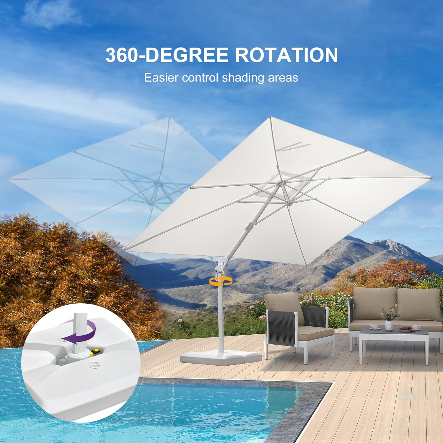 PURPLE LEAF 9' × 11.5' Patio Umbrella With Base White Cantilever Umbrella Square Outdoor Offset Umbrella Windproof with 360° Rotation for Garden Deck Pool, White
