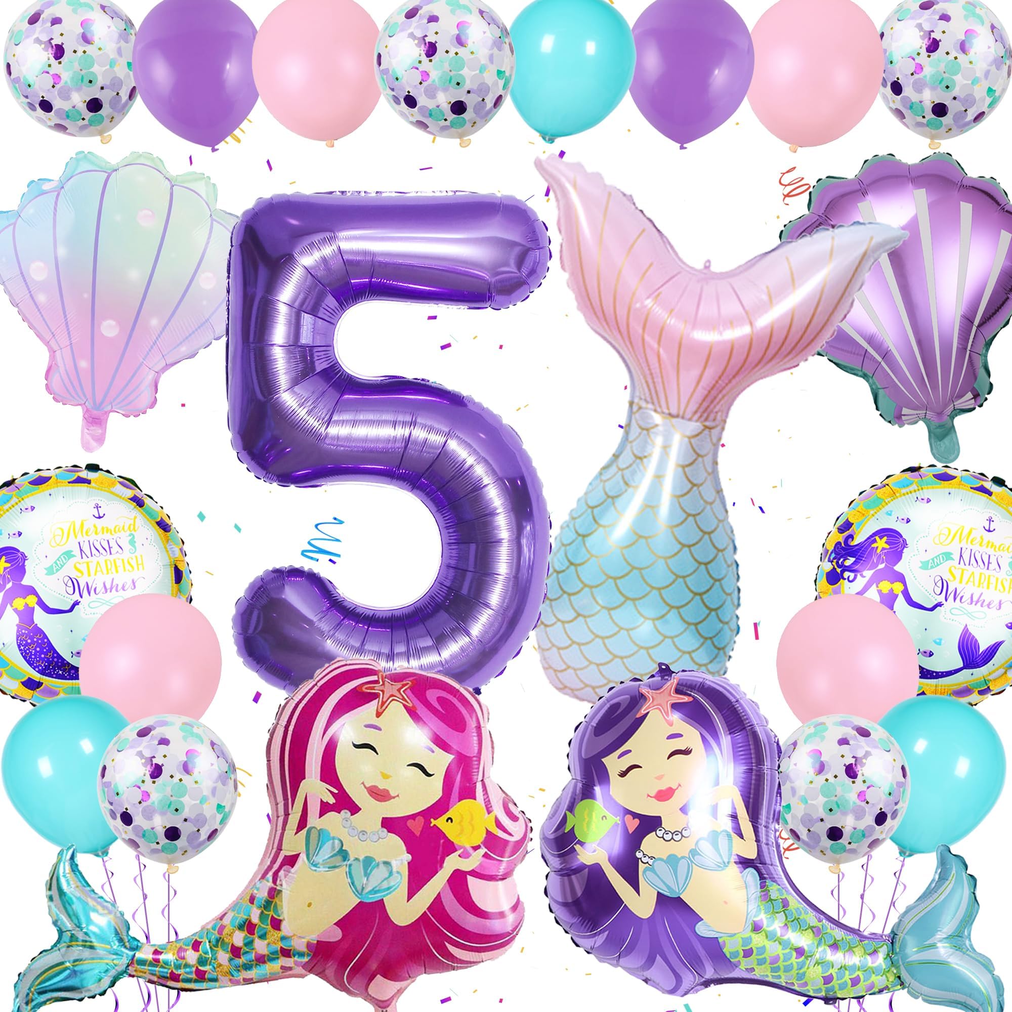 Mermaid 5th Birthday Decoration Balloons - Number 5th Balloons, Mermaid Tail Shell Foil Balloon for Girl 5 Years Birthday Mermaid Party
