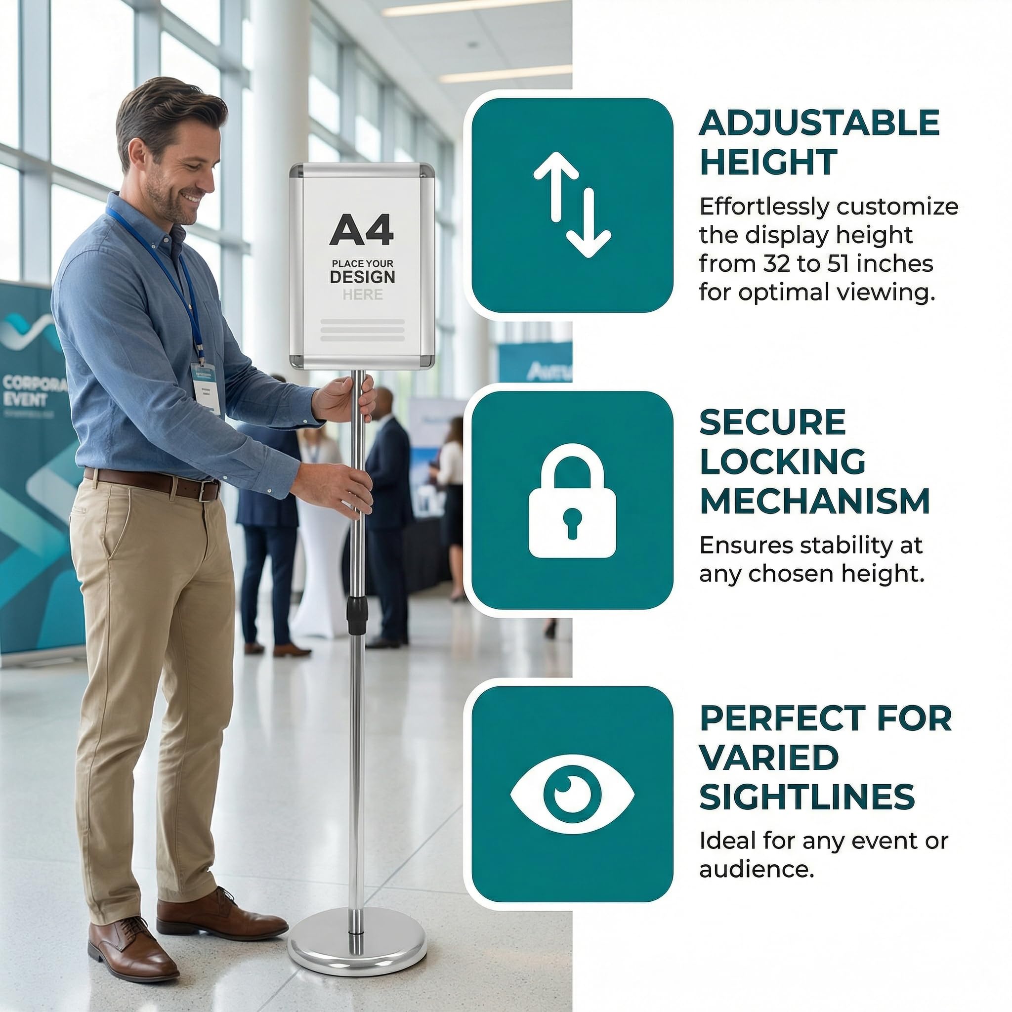 A4 Aufsteller Höhenverstellbar 81-130cm, Infoständer aus Edelstahl, Klappbarer Plakatständer & Präsentationsständer für Hoch-/Querformat, Wetterfest für Innen- und Außenbereich