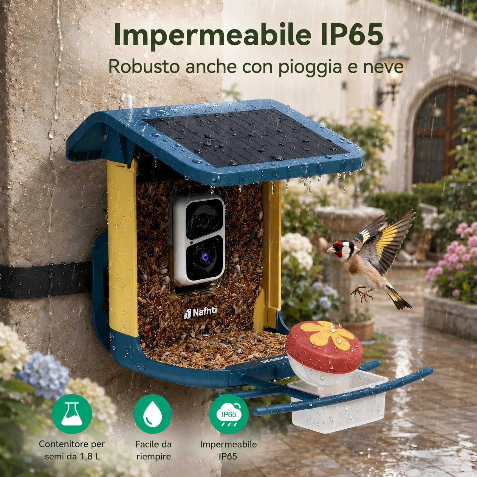 Mangiatoia intelligente per uccelli 2K con fotocamera, alimentazione solare, AI identifica oltre 10.000 uccelli, capacità 1,8 l, impermeabile IP65