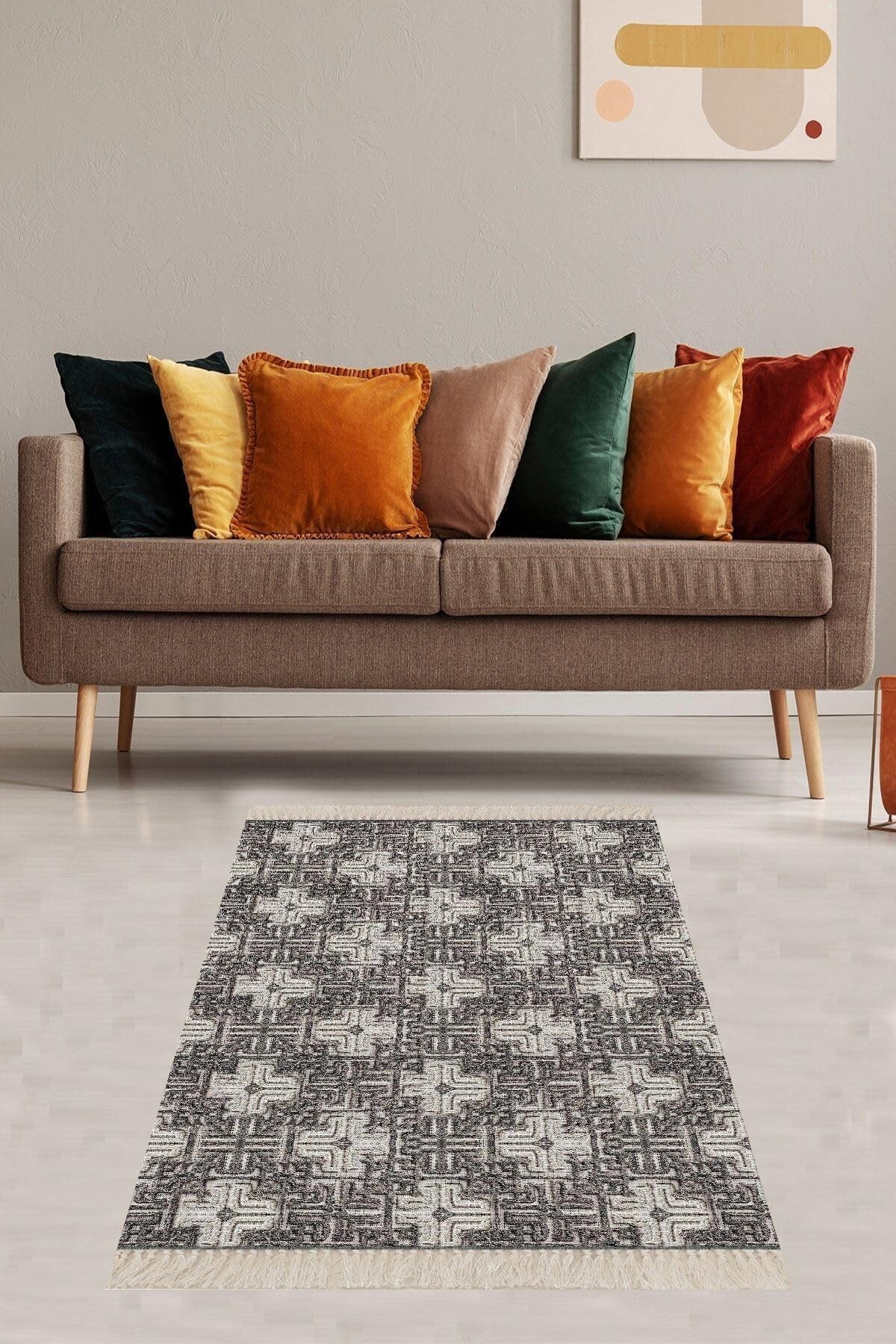 Pelangi Gri Çiçek Desenli Karo Dijital Baskı Yıkanabilir Kaymaz Taban Halı, Gri 160 x 300