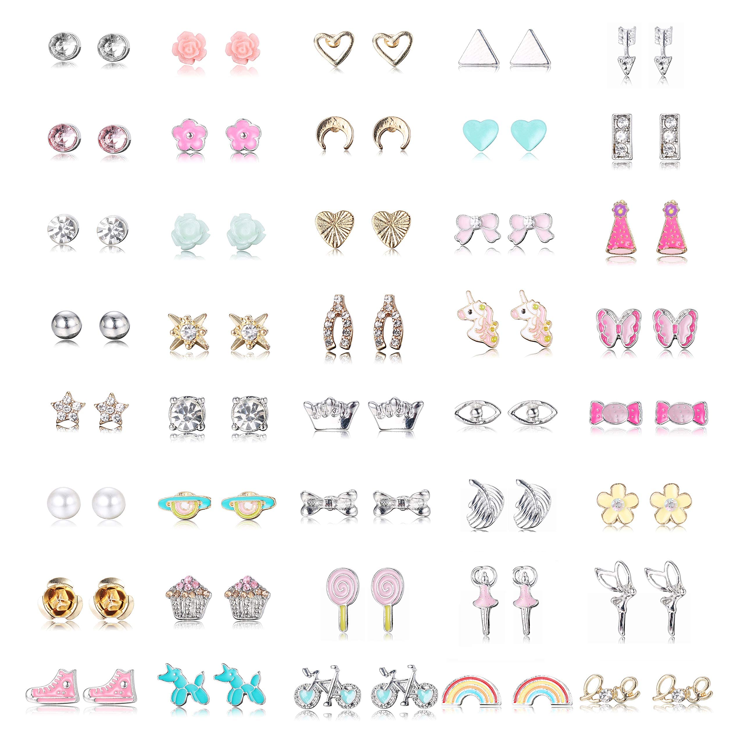 LOLIAS 40 Pares Acero Inoxidable Niños Pendientes lindos para Niñas Mujeres Pendientes Animales Aretes Flor Pendientes Perlas Set Regalos Pequeños Pendientes Hipoalergénicos