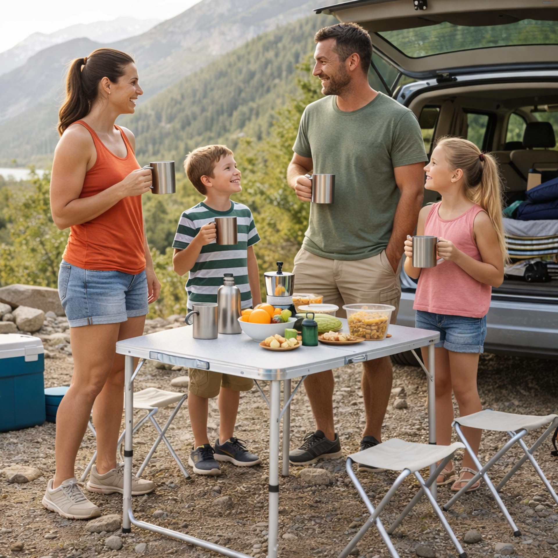 Weida Mesa Plegable Portátil con 4 Taburetes de Lona | Ideal para Camping, Playa, Pesca y Picnic | Diseño Compacto y Resistente | Montaje Rápido y Sencillo | Cómoda y Espaciosa | Color Blanco