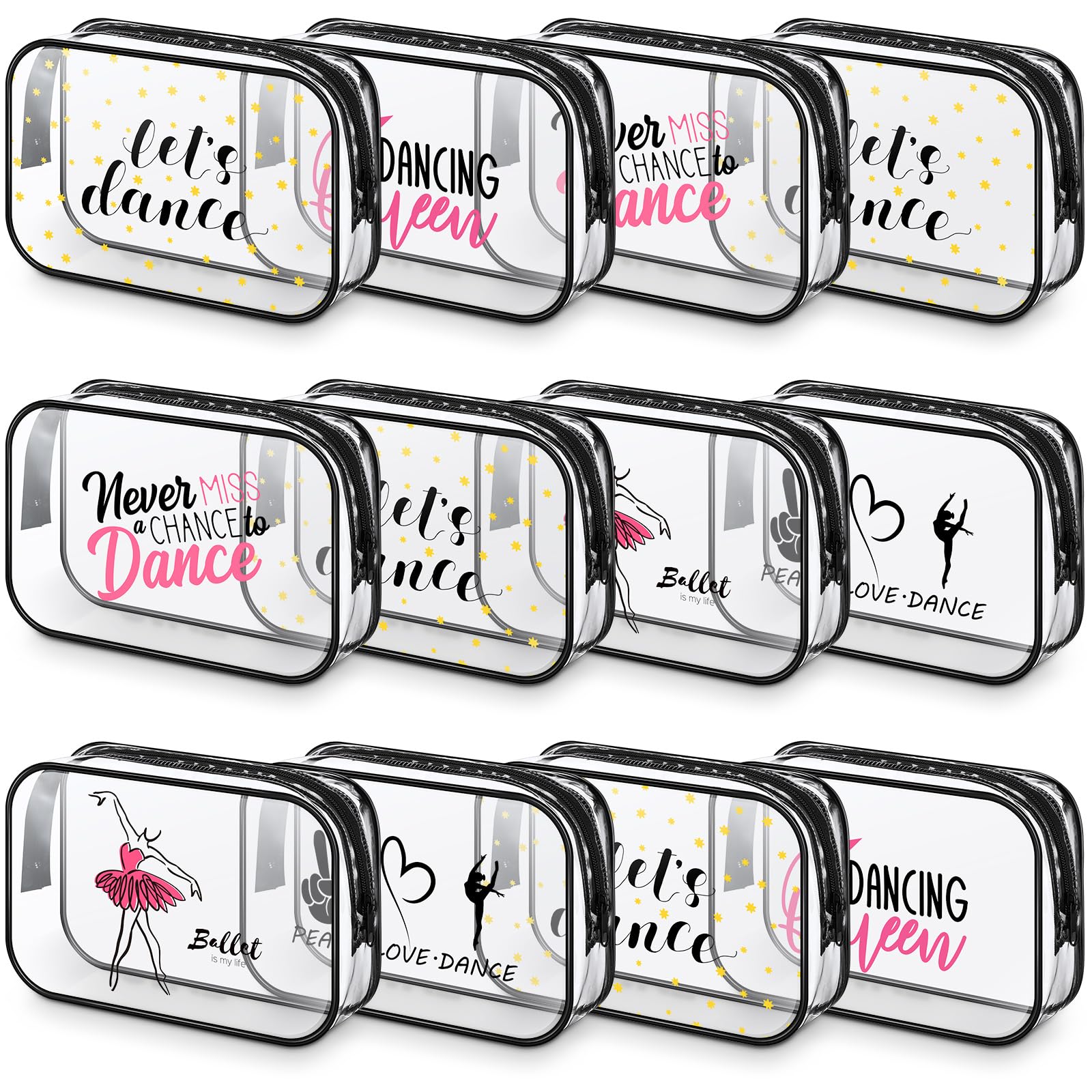 Abbylike 12 Pcs 7 x 4.7 x 2.4'' Dance Makeup Bags Gifts for Dancers Team Christmas Makeup Bags PVC Clear Cheer Case Toiletry Zipper Pouch for Women