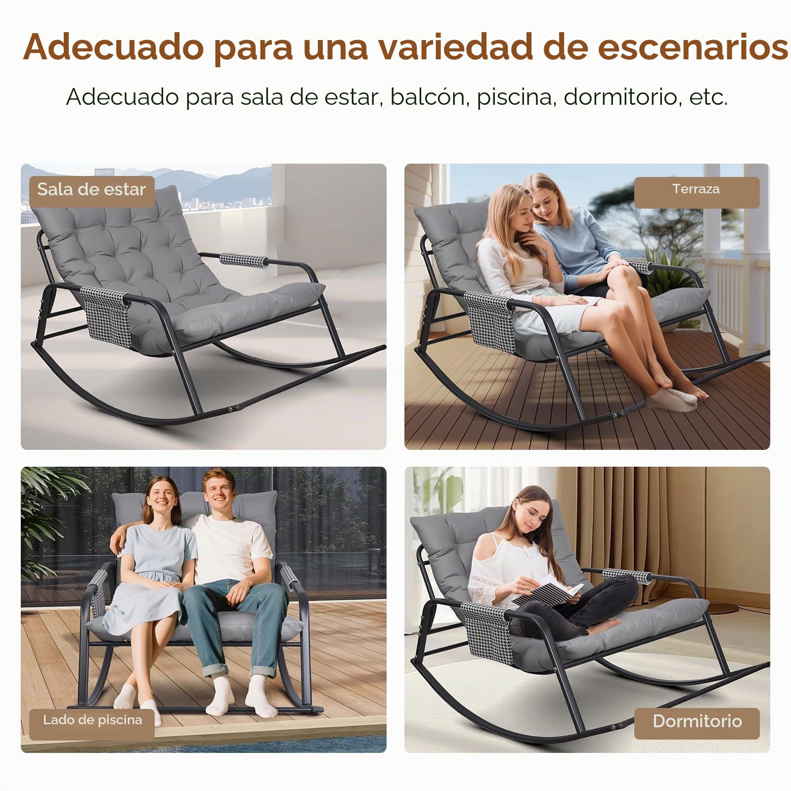 Silla Mecedora, Carga 150 kg, Sillon Mecedora Salon Extra Grande con Cojín Acolchado, Rocking Chair Marco de Metal, Sillón Relax para Adulto Salón, Dormitorio, Interior y Exterior (Gris)