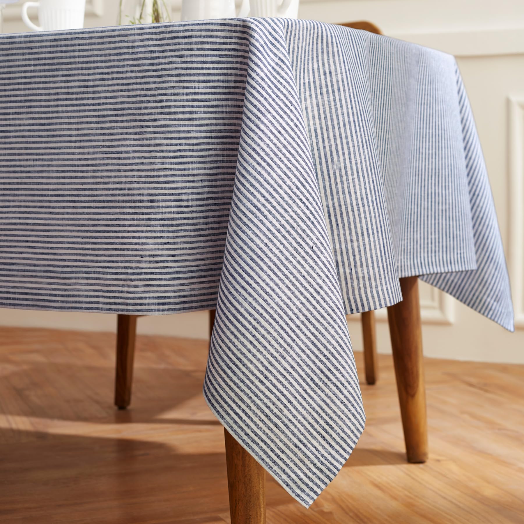 Solino Home Leinen-Tischdecke 152.4x274.4 cm,100% reines Leinen schmale Streifen Tischdecke für Frühling,Maschinenwaschbare Tischdecke in Marineblau und Weiß,handgefertigt aus europäischem Flachs