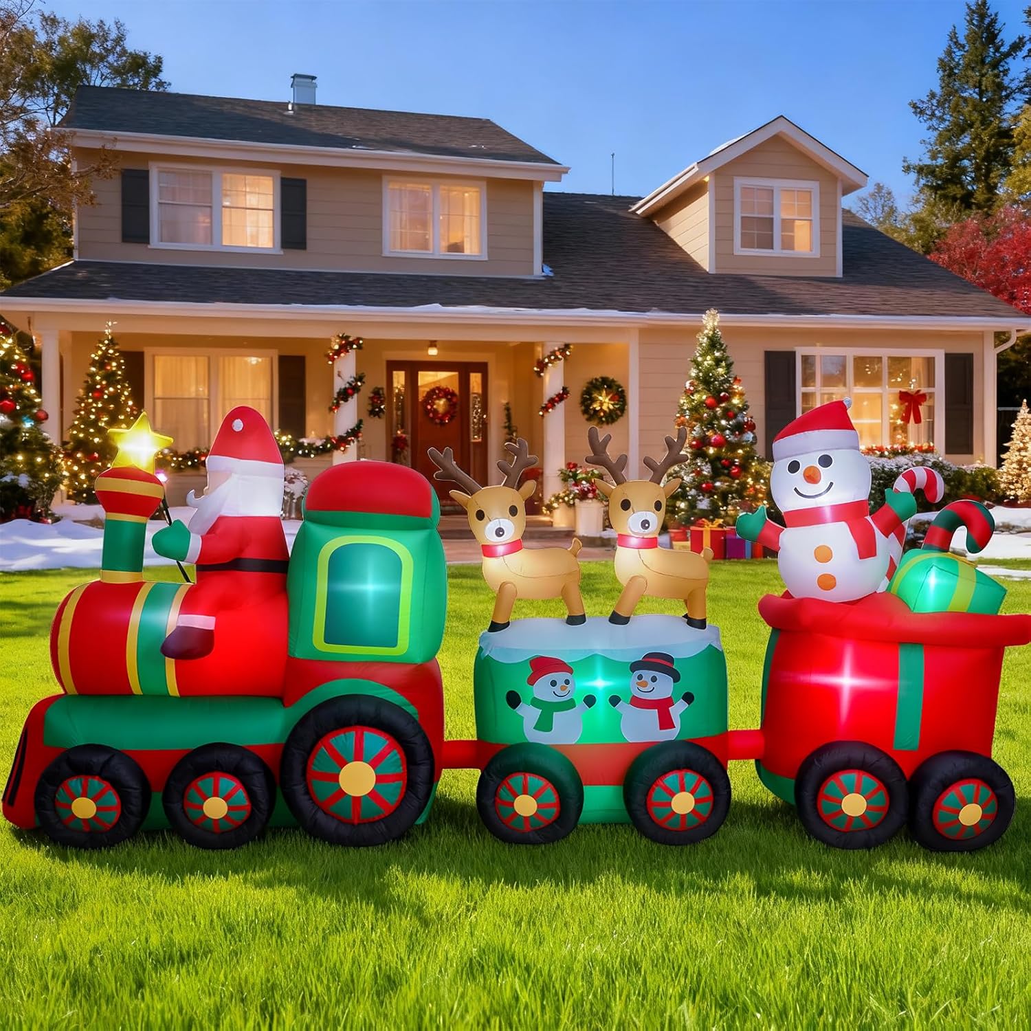 Thuodo 11 FT Long Christmas Inflatables Train with Santa Claus Reindeer Snowman Outdoor Decorations Blow Up Yard with Built-in LEDs for Lawn Garden Holiday Indoor Party Decor