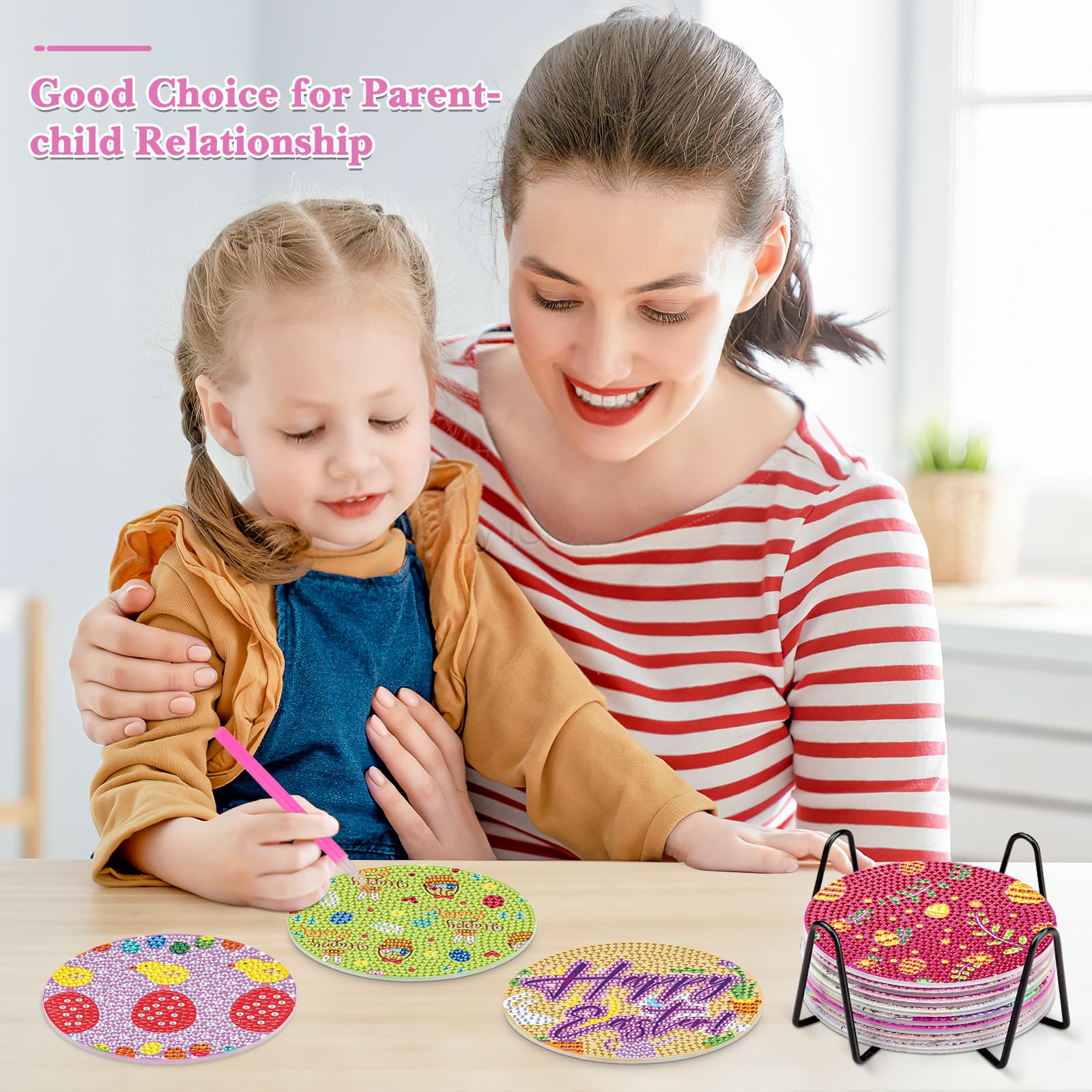 GHHKUD 8Pcs Easter Diamond Painting Coasters - DIY 5D Full Drill Diamond Art Coaster Kit With Holder & Cork Pad (Easter Style)