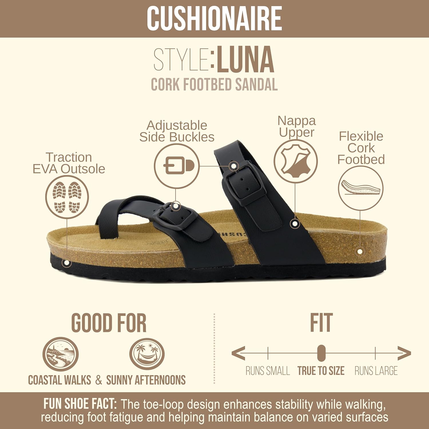 CUSHIONAIRE Luna Sandals for Women, Cork Footbed Womens Sandals for Summer Comfort with Adjustable Straps, Wide Width Available - Image 4