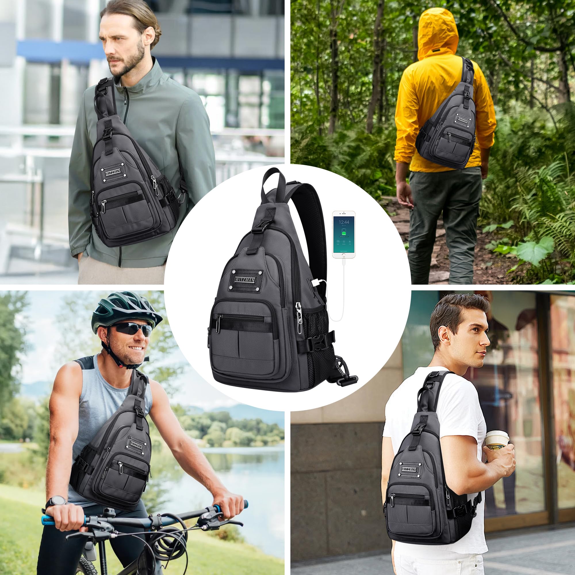 WITZMAN Sac Bandoulière Homme, Sac Poitrine Décontracté Port Charge USB | Sacoche 19L Étanche Multi-Poches Compatible iPad 9,7 Pouces, Pour Randonnée, Quotidien, Extérieur Et Travail, Gris