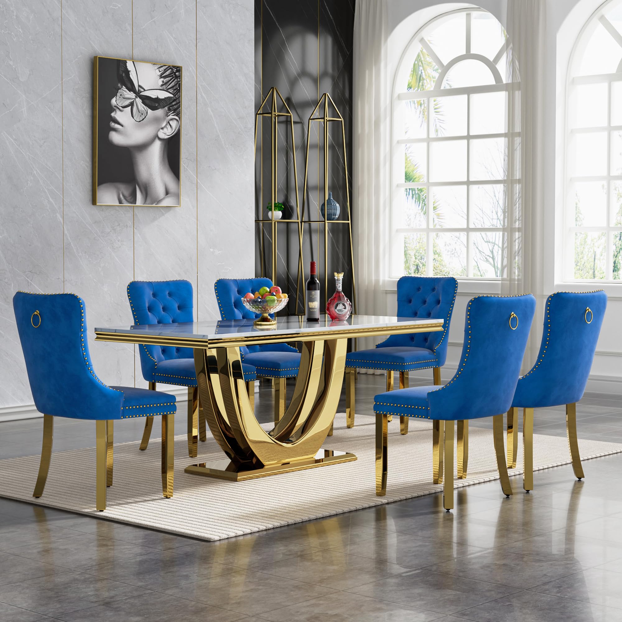 68" Marble Dining Table Set for 6, Luxury White Gold Kitchen Table with 6 Blue Velvet Dining Chairs Modern Fuax Marble 7-Piece Dining Room Table Set for 6 w/Stainless Steel Base