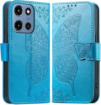 for Motorola Moto G 5G 2025 Wallet Case with Card Holder, [Butterfly & Flower Embossed] PU Leather Kickstand for Women and Men Shockproof Case for Moto G 5G 2025 Blue