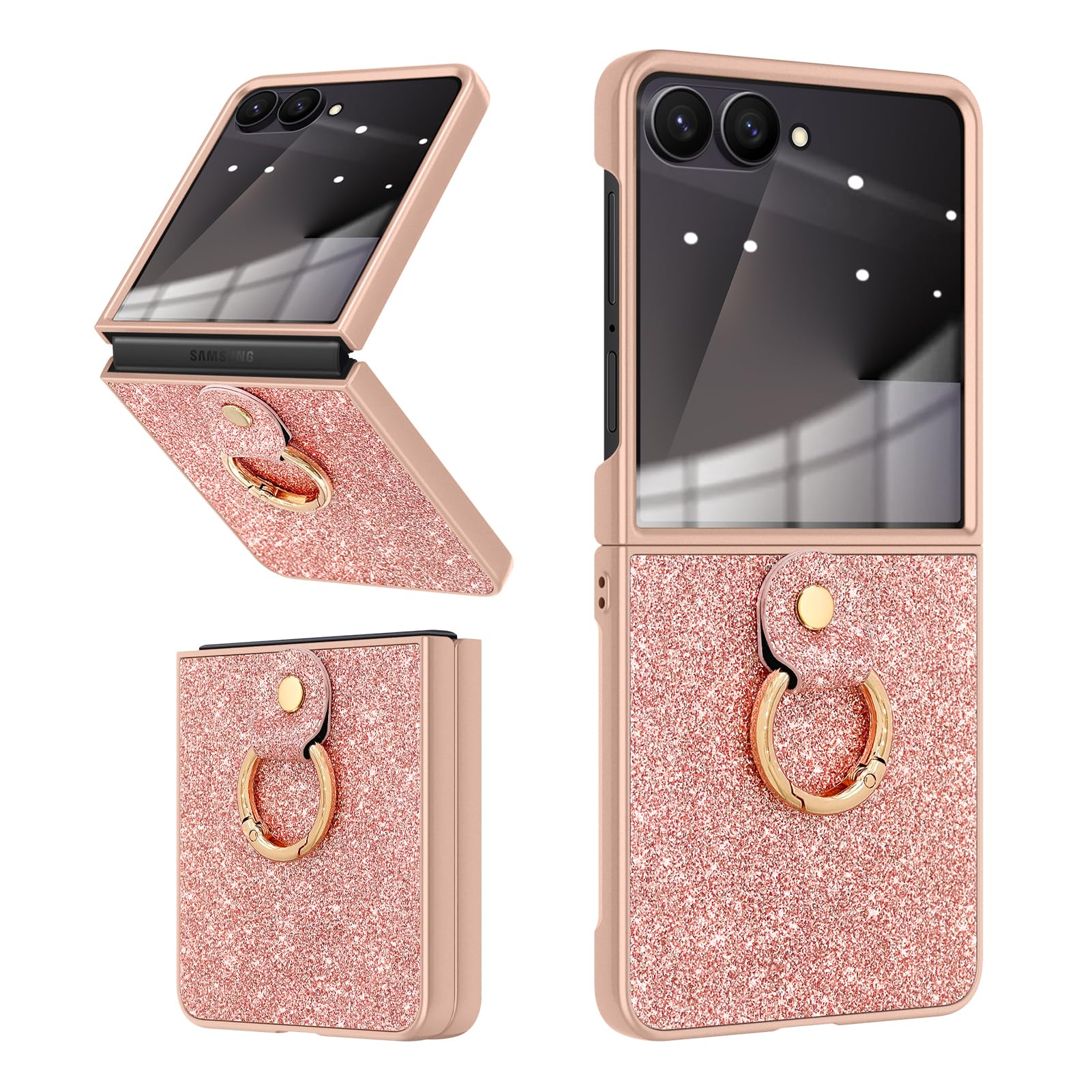 Illians Glitter Case for Samsung Galaxy Z Flip 7 Hard PC Anti-Scratch Heavy Duty Shockproof Protection Phone Cover with Screen Protector Bling Rose