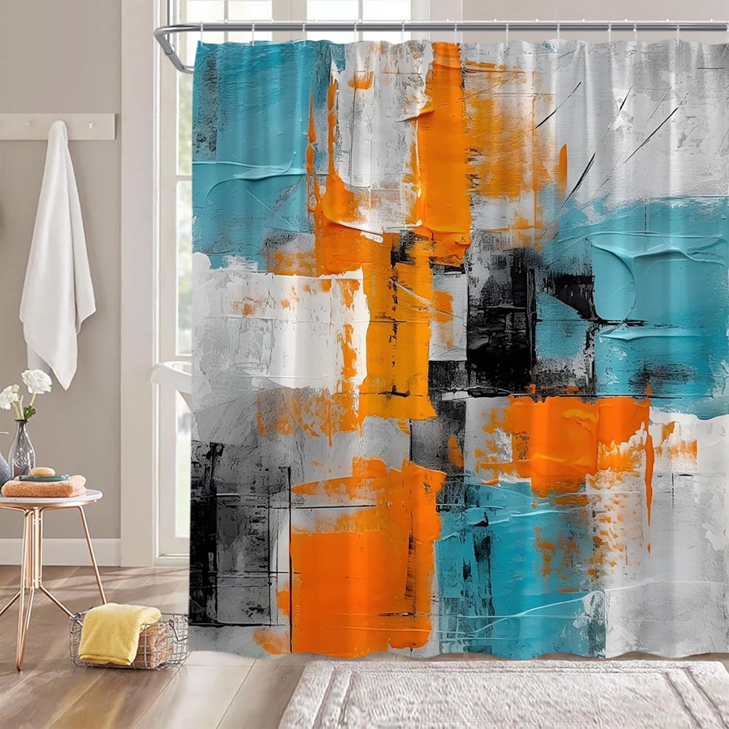 Turquoise Orange Shower Curtain Set Burnt Blue Teal Orange Gray Abstract Brushstrokes Oil Painting Modern Art Fabric Bathroom Decor Curtain with Hooks