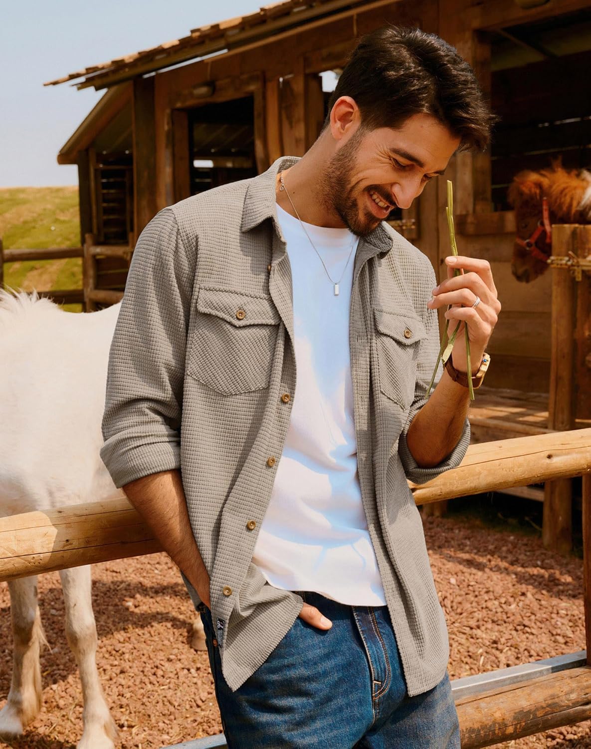 PJ PAUL JONES Men's Button Down Waffle Textured Shirt Casual Long Sleeve Wrinkle Free Untucked Shirts with Flap Pockets - Image 3