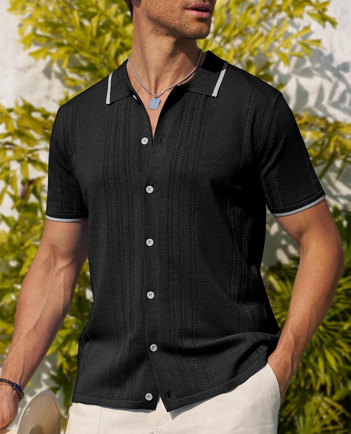 Alimens & Gentle Mens Shirts Casual Button Down Shirts Beach Vintage Knit Short Sleeve Polo Shirt for Men - Image 2