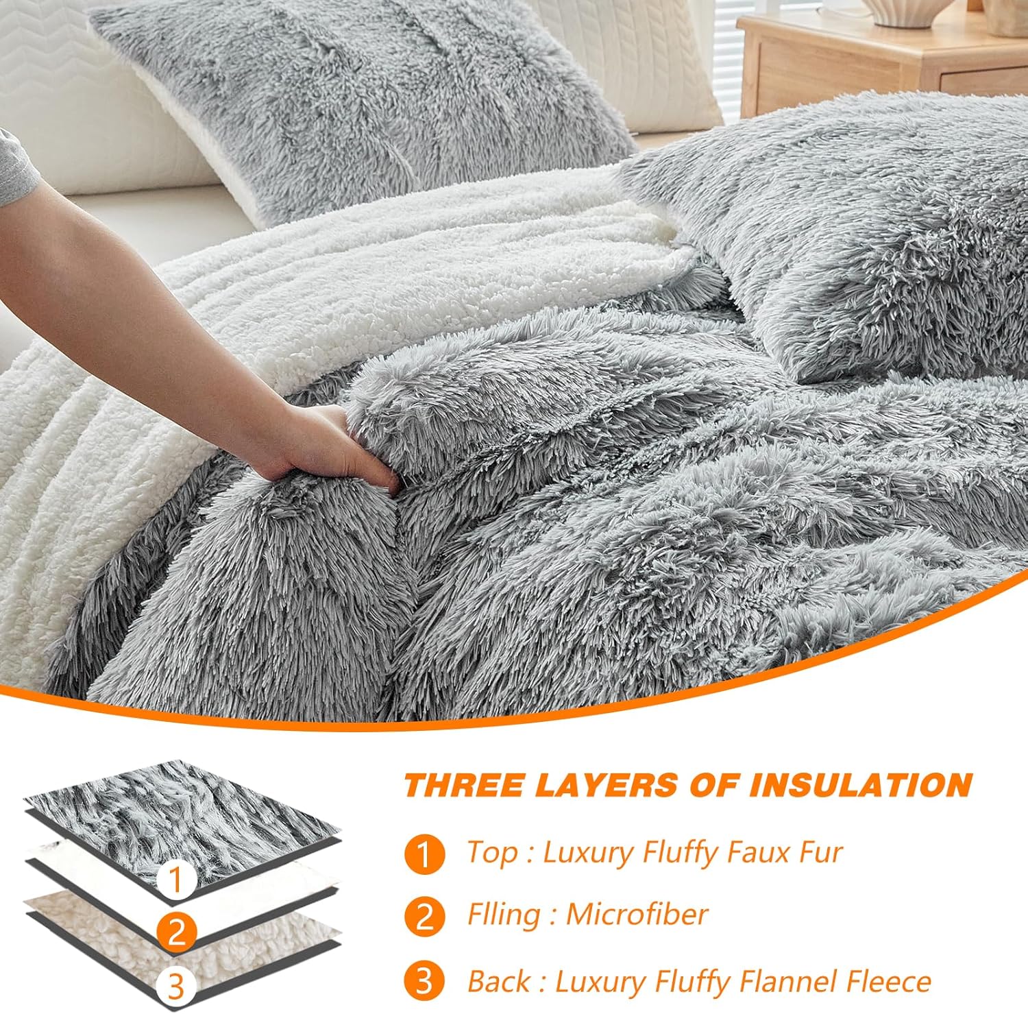 Gray Faux Fur Comforter Set Full / Queen 3 Pieces - 1 Shaggy Comforter 90x90 and 2 Fur Pillowcases, Ultra Soft and Easy Care Sherpa Luxury Plush Super Warm Winter Shaggy Bedding Set - Image 7