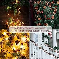 Vista 6 de Paquete de 2 guirnaldas artificiales de Navidad con luces, funciona con pilas, guirnalda preiluminada de 6.56 pies con 20 luces LED, bayas rojas