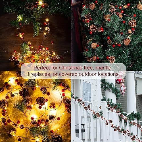 Miniatura 6 de Paquete de 2 guirnaldas artificiales de Navidad con luces, funciona con pilas, guirnalda preiluminada de 6.56 pies con 20 luces LED, bayas rojas