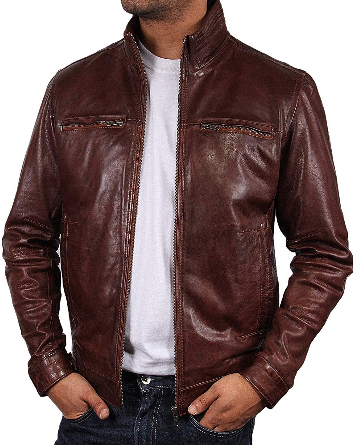 Brandslock Men's Brown Genuine Leather Biker Jacket Retro Style Classic Distressed Rock (, X_s)