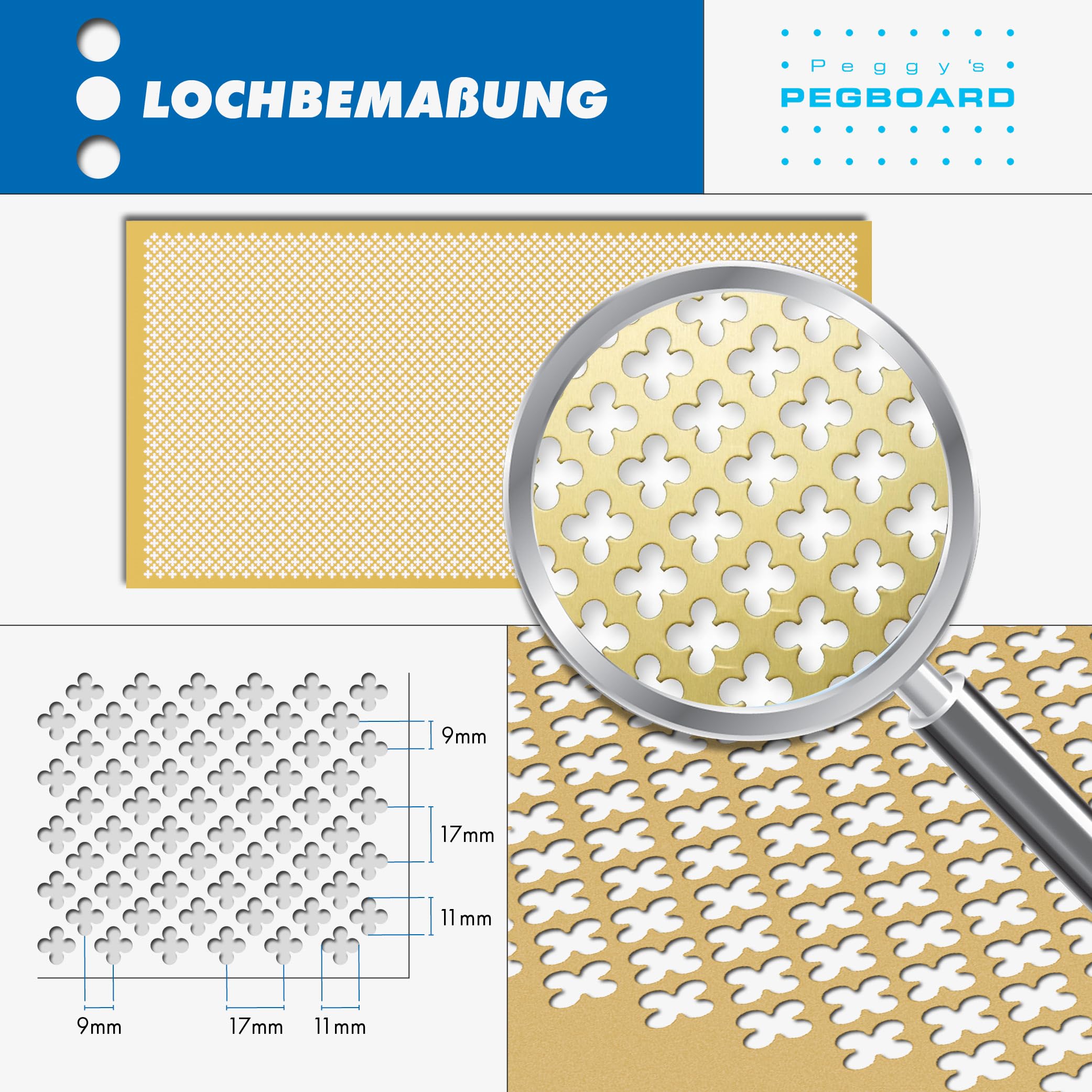 PEGBOARD Lochblech Aluminium ca. 100x50 cm, 1 mm, Kleeblattlochung | Hergestellt in Deutschland | Lüftungsgitter Heizkörperverkleidung Abdeckung