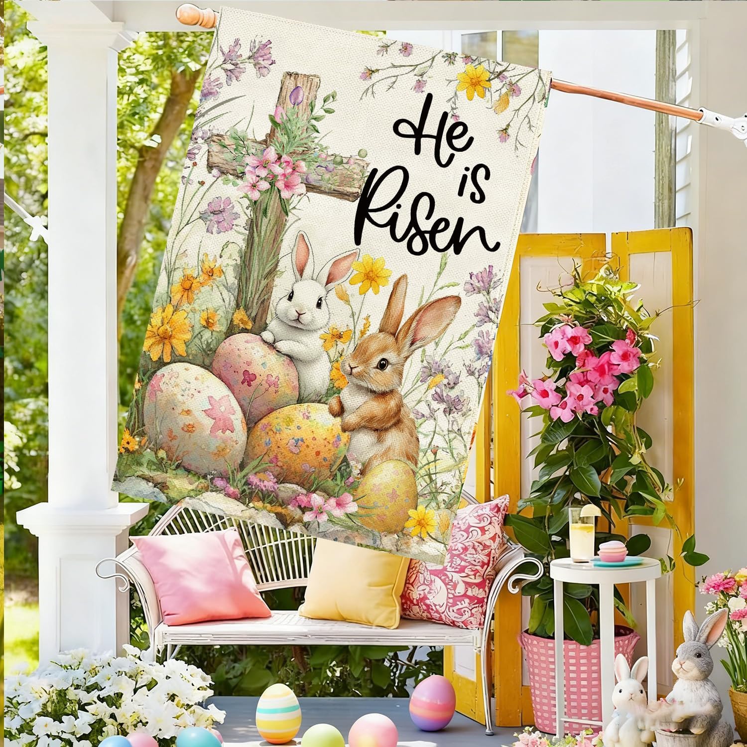 Baccessor Easter House Flag 28 x 40 Inch, Double Sided Burlap Cross He Is Risen Bunny Eggs Floral Farmhouse Large Yard Flag Seasonal Holiday Spring Easter Outdoor Decor - Image 5